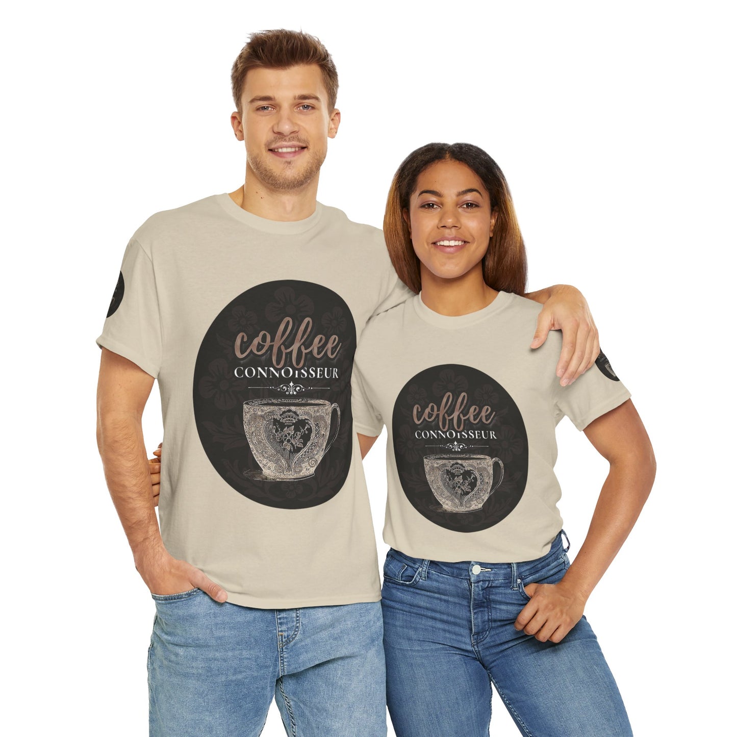 COFFEE LOVERS COTTON TEES For Connoisseurs, Two people wearing matching t-shirts with 'coffee connoisseur' design on a white background