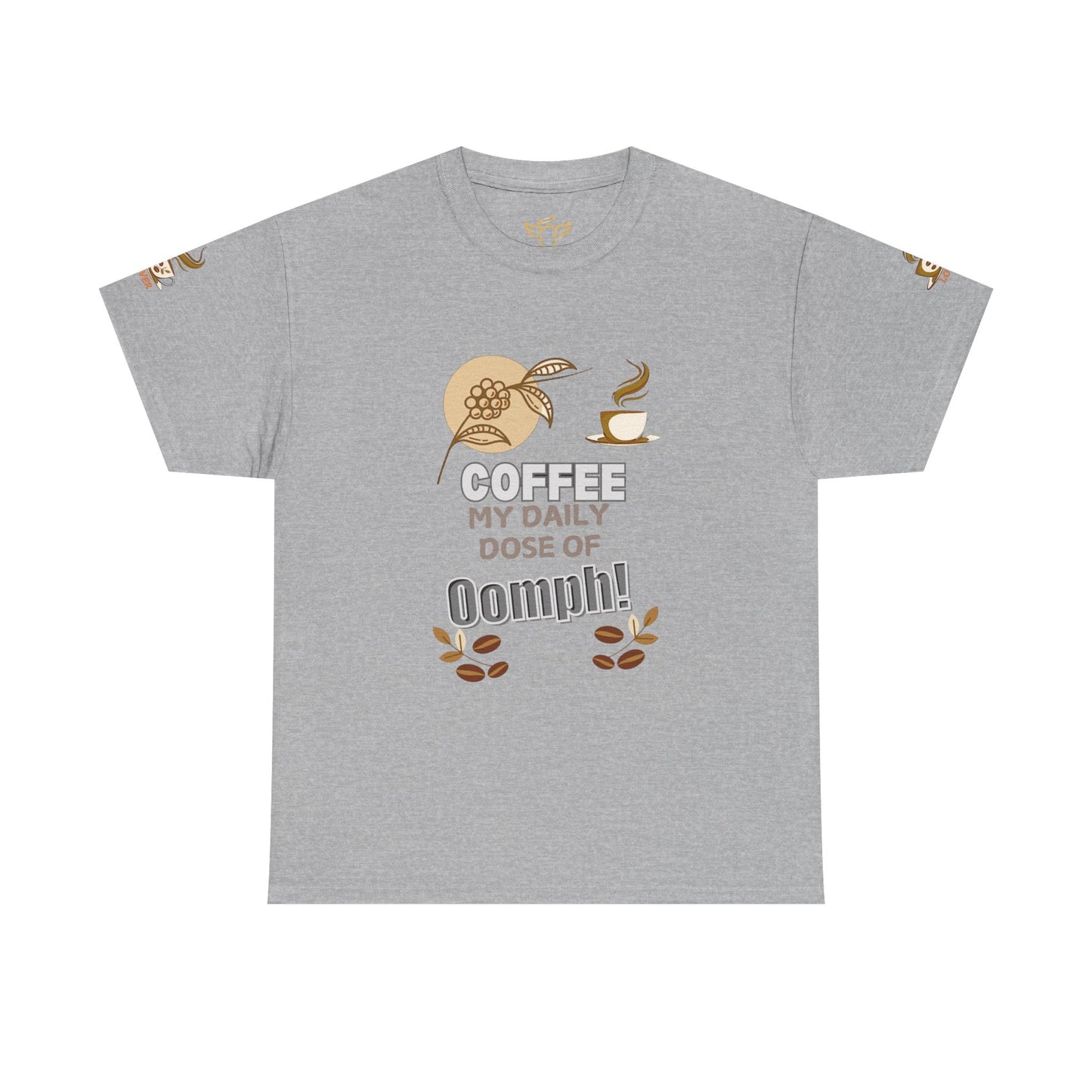Coffee Lover's Heavy Cotton Unisex T-shirt, Gray t-shirt with coffee-themed graphic and text on a white background