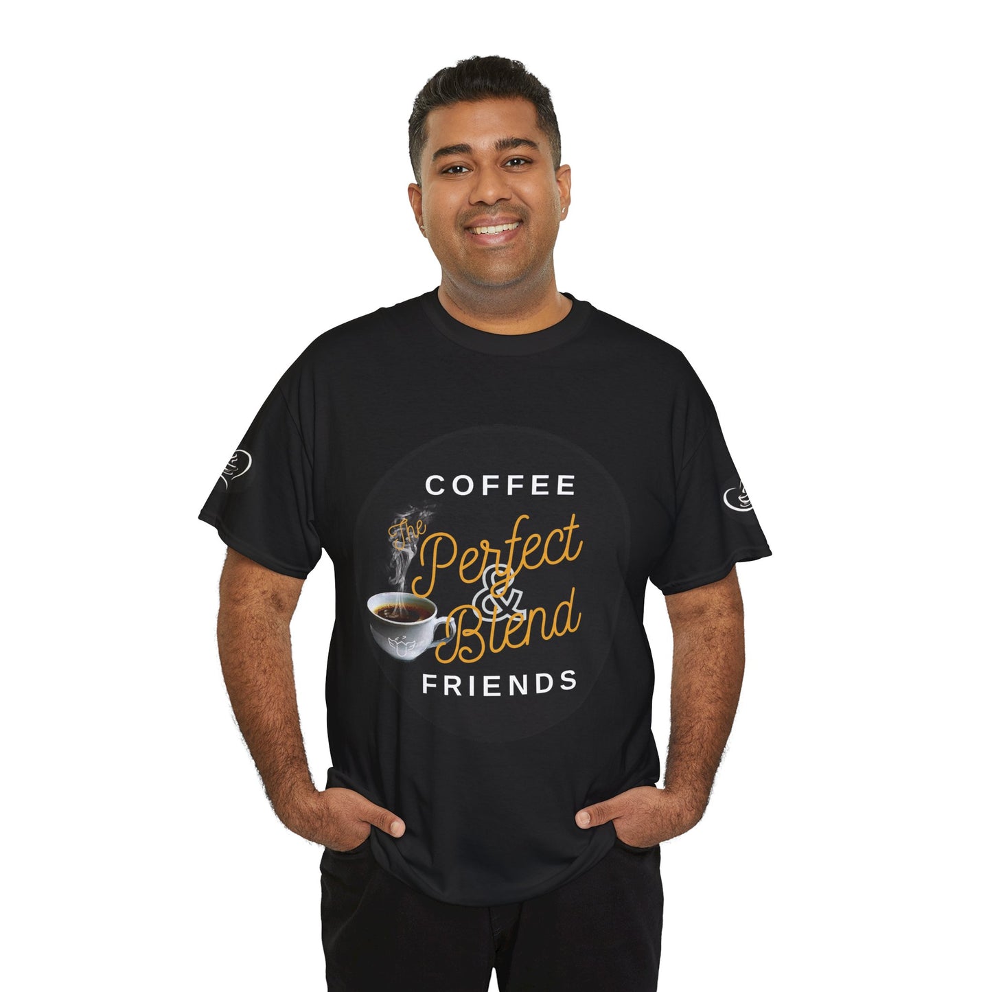 Coffee Lovers Cotton T-shirt, Man wearing a black t-shirt with coffee-themed design on a white background