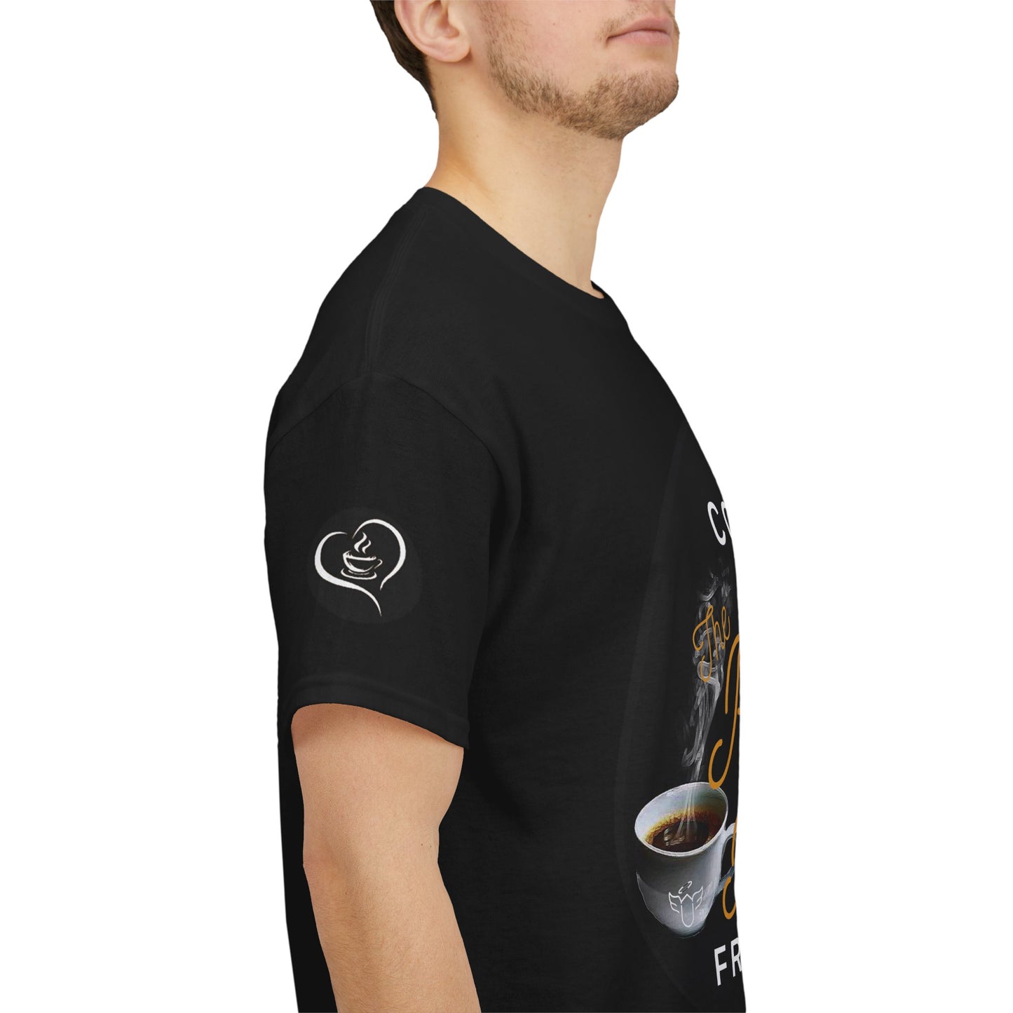 Person wearing a black t-shirt with coffee-themed designs on a white background