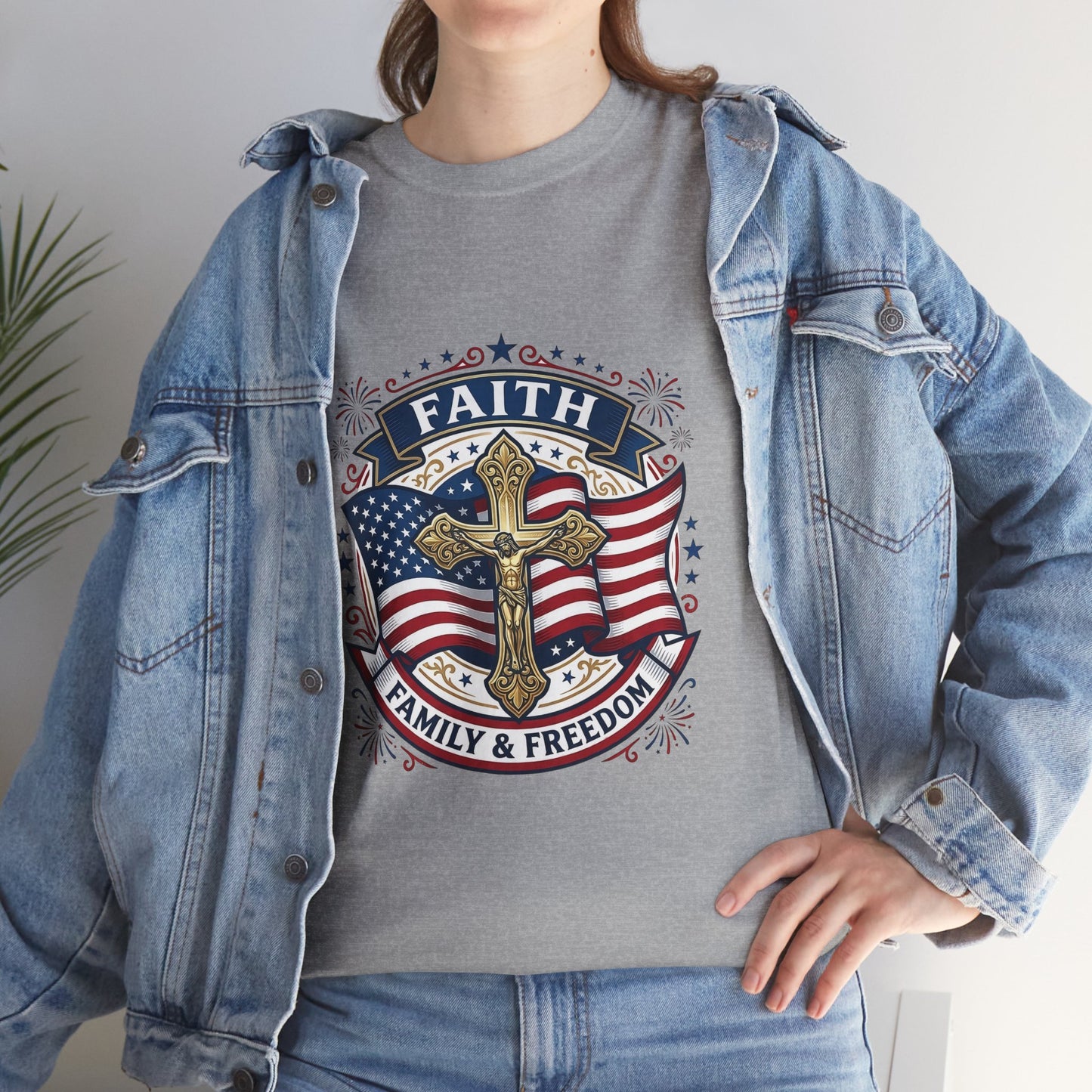 Catholic Faith, Family & Freedom T‑Shirt — Patriotic Cross American Flag Tee (USA 250th)