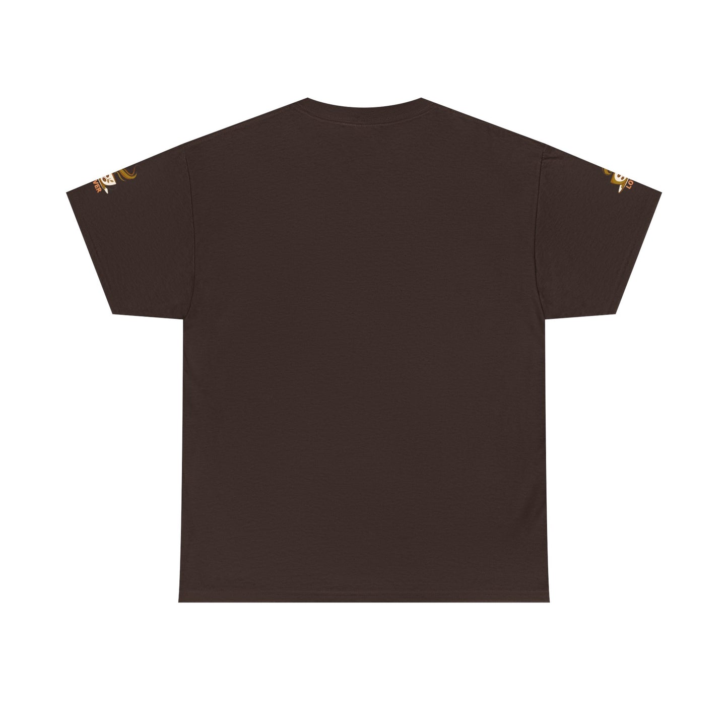 Brown t-shirt with gold accents on a white background
