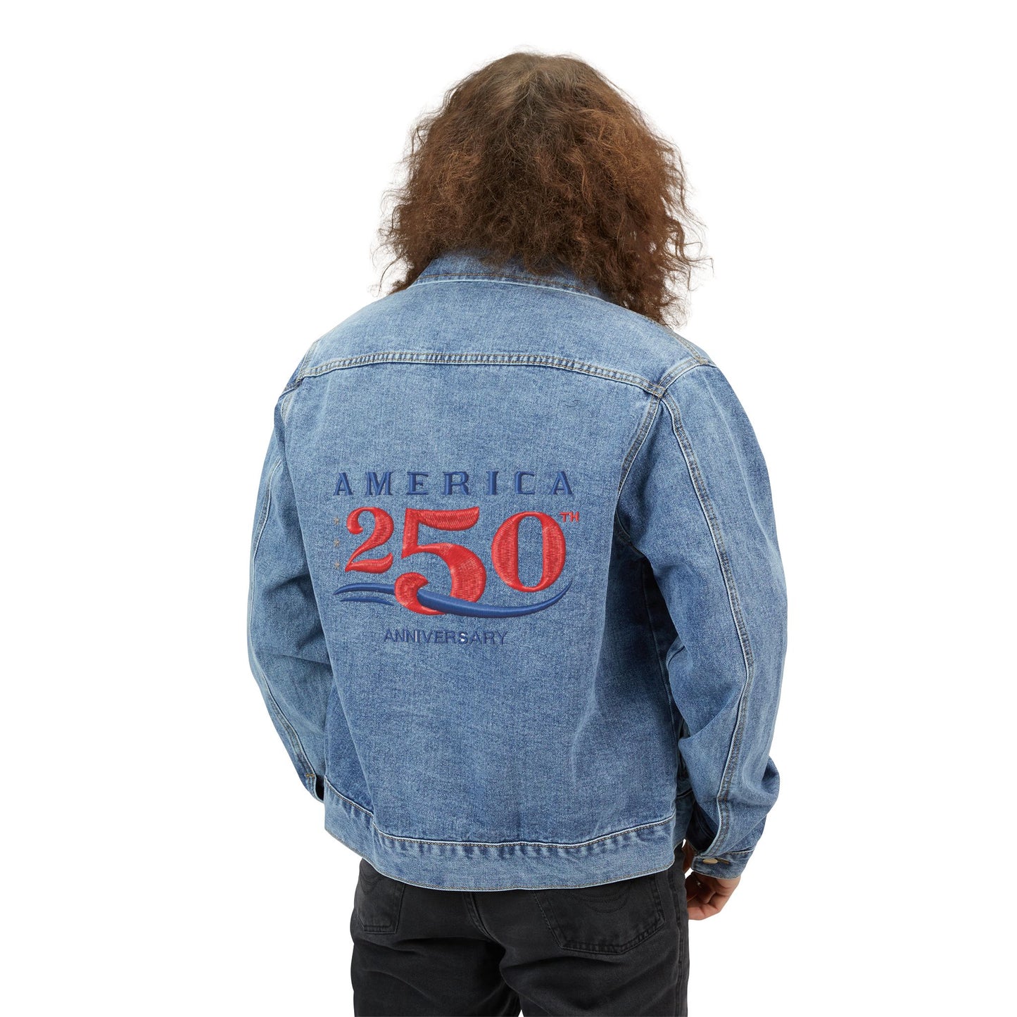 USA 250th ANNIVERSARY Trucker Denim Jacket — 'America 250' Vintage Patriotic Back Print - Trending Novelties & Gifts