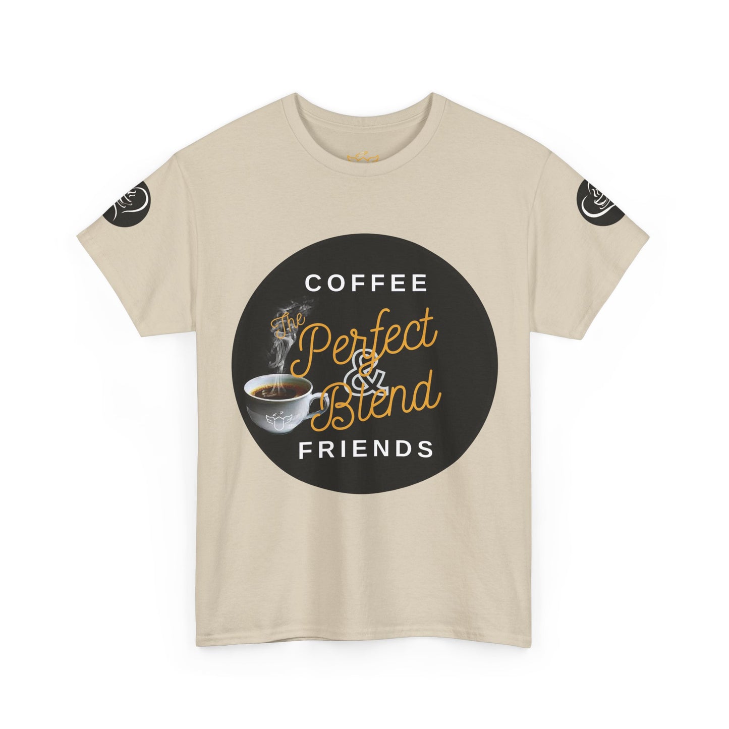 Beige t-shirt with coffee-themed graphic and text on a white background