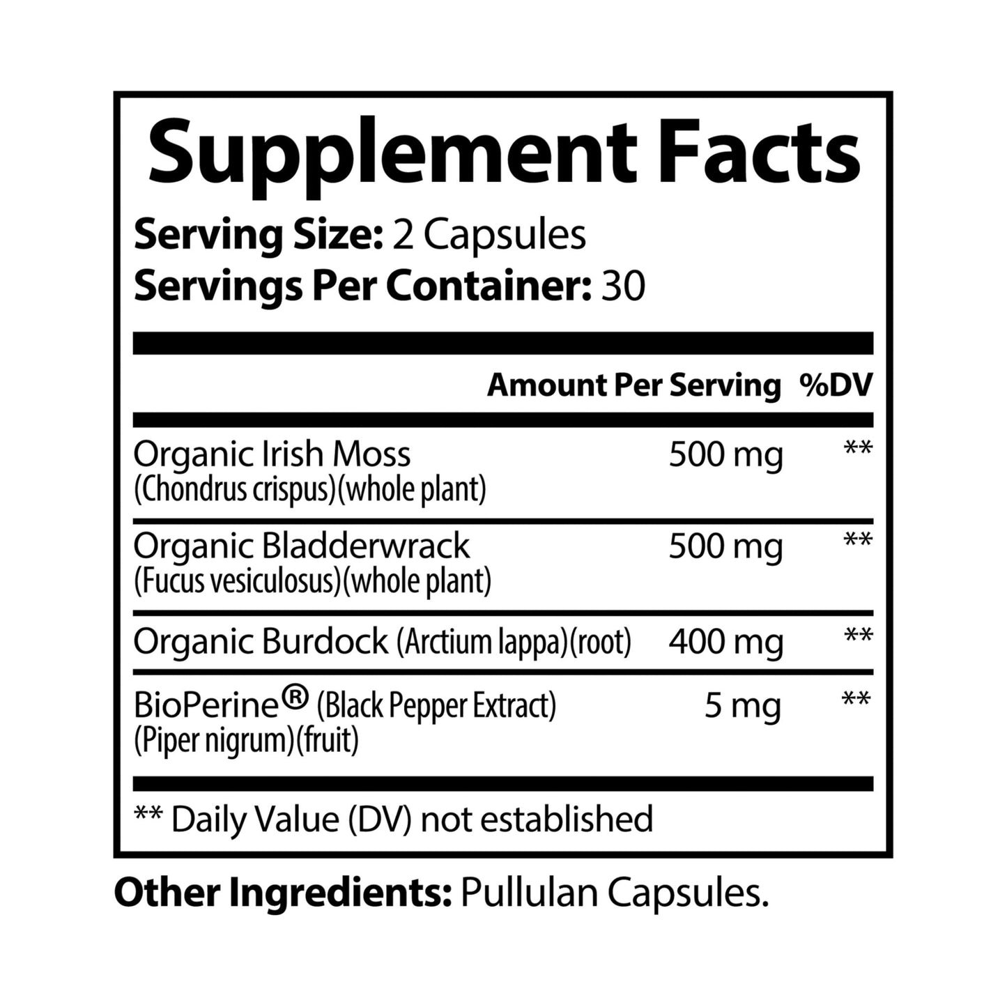 Sea Moss (Irish Moss) Supplement , Supplement facts label with detailed ingredient information on a white background