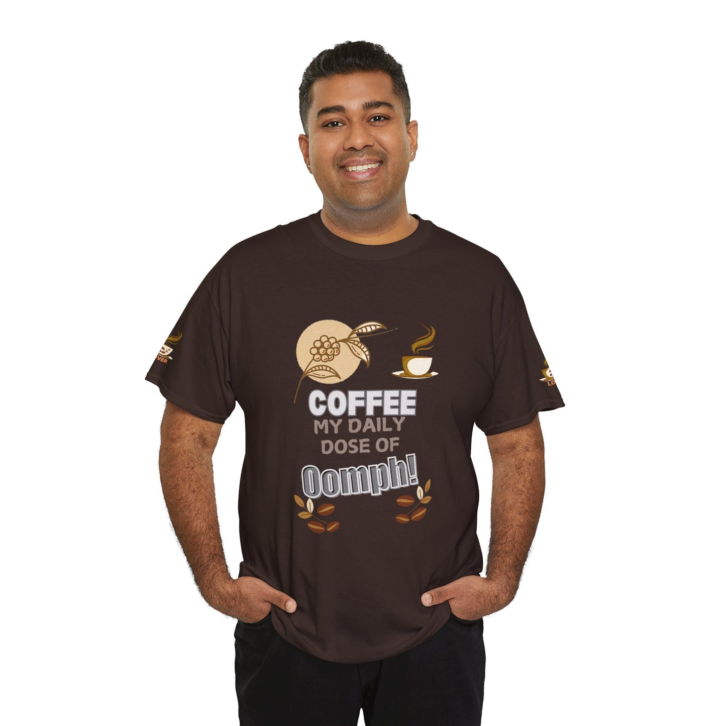 Coffee Lover's Heavy Cotton Unisex T-shirt, Man wearing a brown t-shirt with coffee-themed design and text.