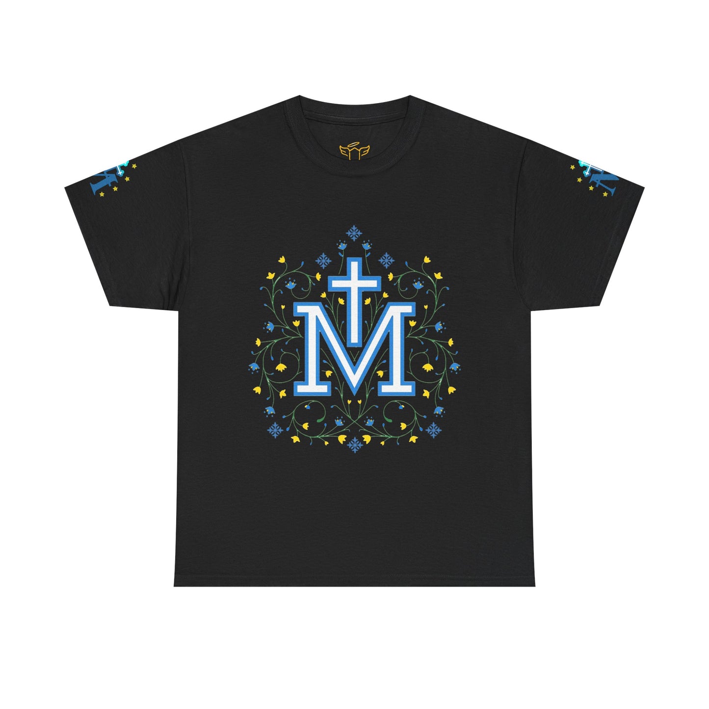 Marian Symbol T-shirt Unisex Heavy Cotton Tee, Black t-shirt with decorative 'Marian' logo on a white background
