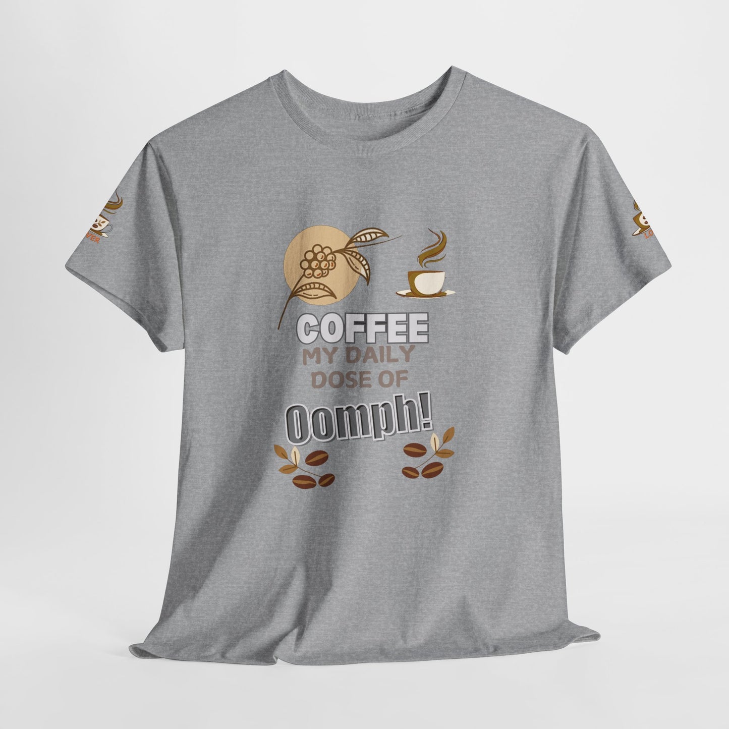 Coffee Lover's Heavy Cotton Unisex T-shirt, Gray t-shirt with coffee-themed design and text on a white background