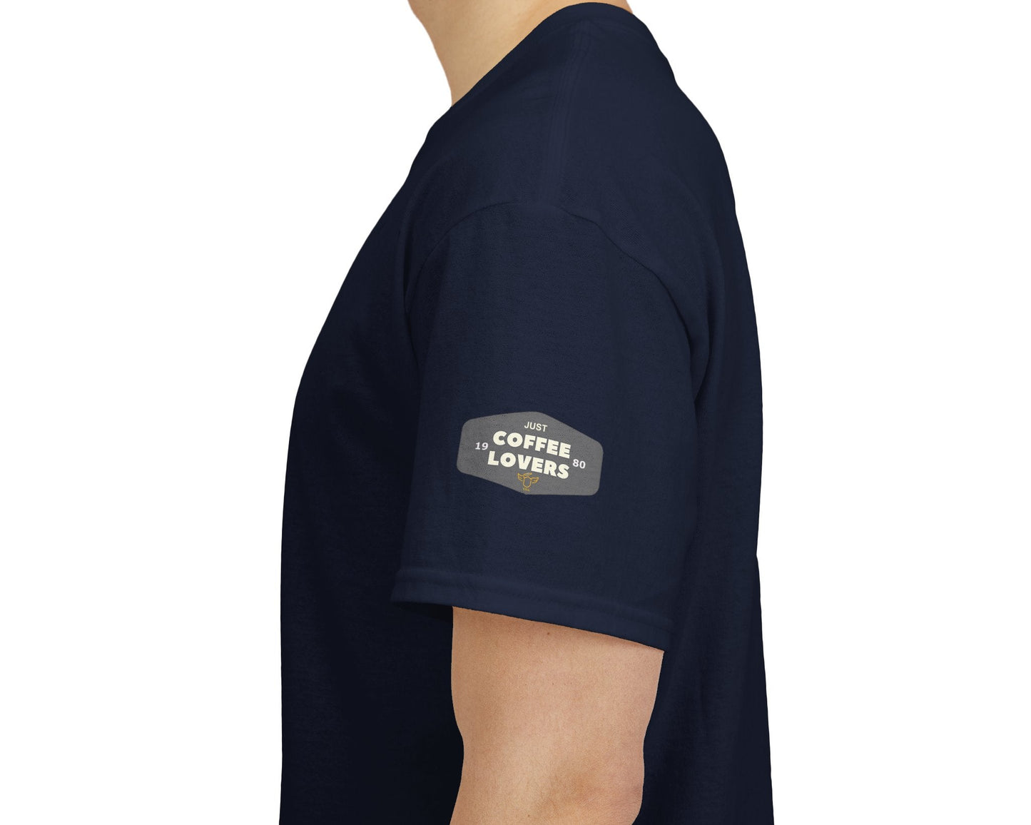 Coffee Lovers Cotton Tee - 'Better Late than Never', Navy blue t-shirt with 'Coffee Lovers' logo on a white background