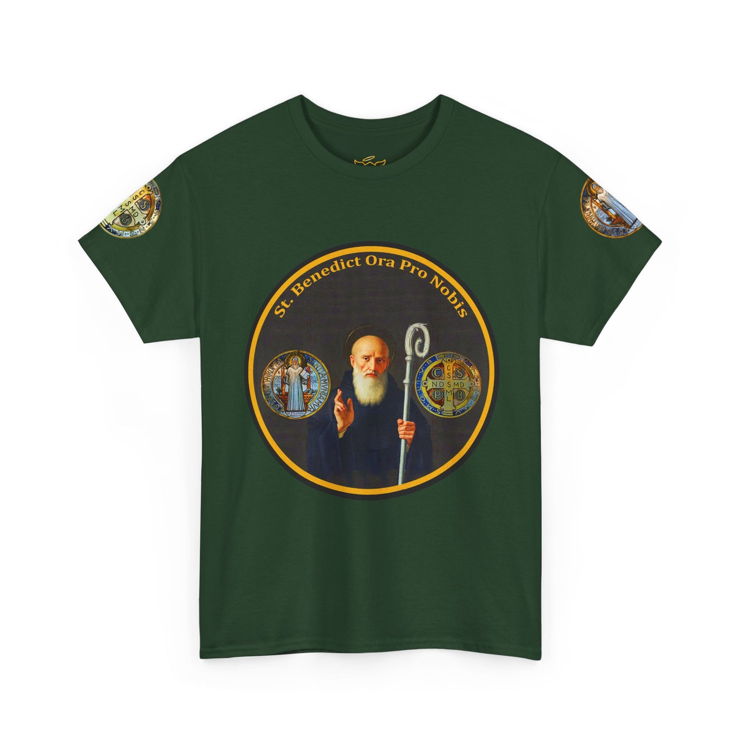 Saint Benedict Medal Unisex T-shirt, Green t-shirt with a graphic of a religious figure and text on a white background