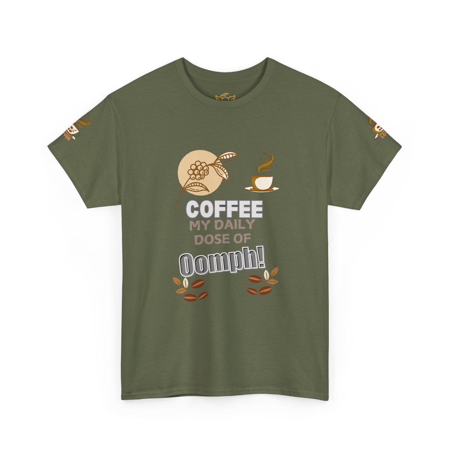 Coffee Lover's Heavy Cotton Unisex T-shirt, Green t-shirt with coffee-themed graphics and text on a white background