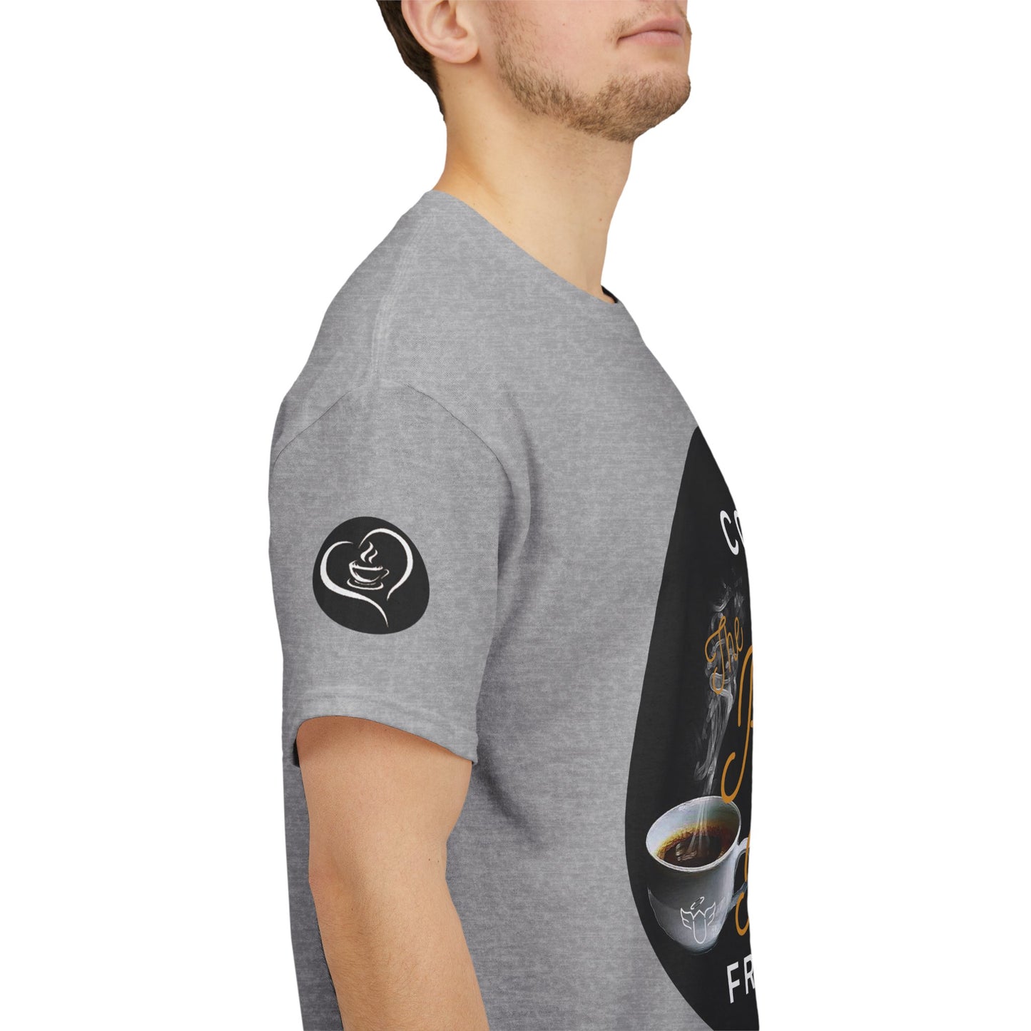 Coffee Lovers Cotton T-shirt, Person wearing a gray t-shirt with a black sleeve design and coffee-themed graphic on the chest.