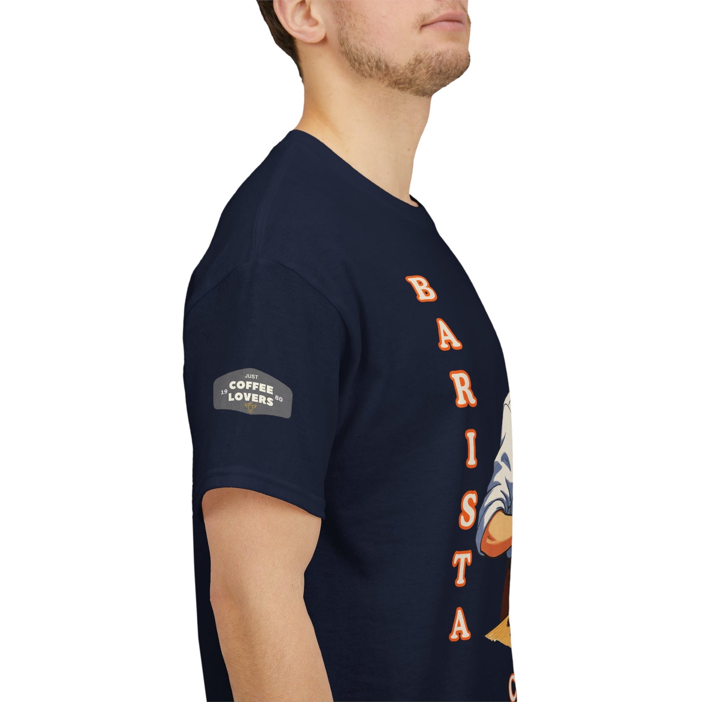 Coffee Lovers Cotton Tee for Male Barista, Navy blue t-shirt with 'Barista' text and coffee-themed graphics on a white background