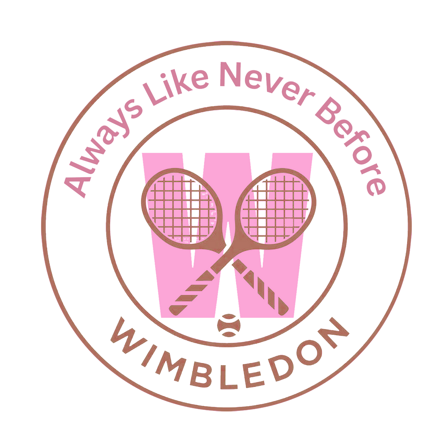 Logo with tennis rackets, pink dress, and text 'Always Like Never Before Wimbledon' on a white background