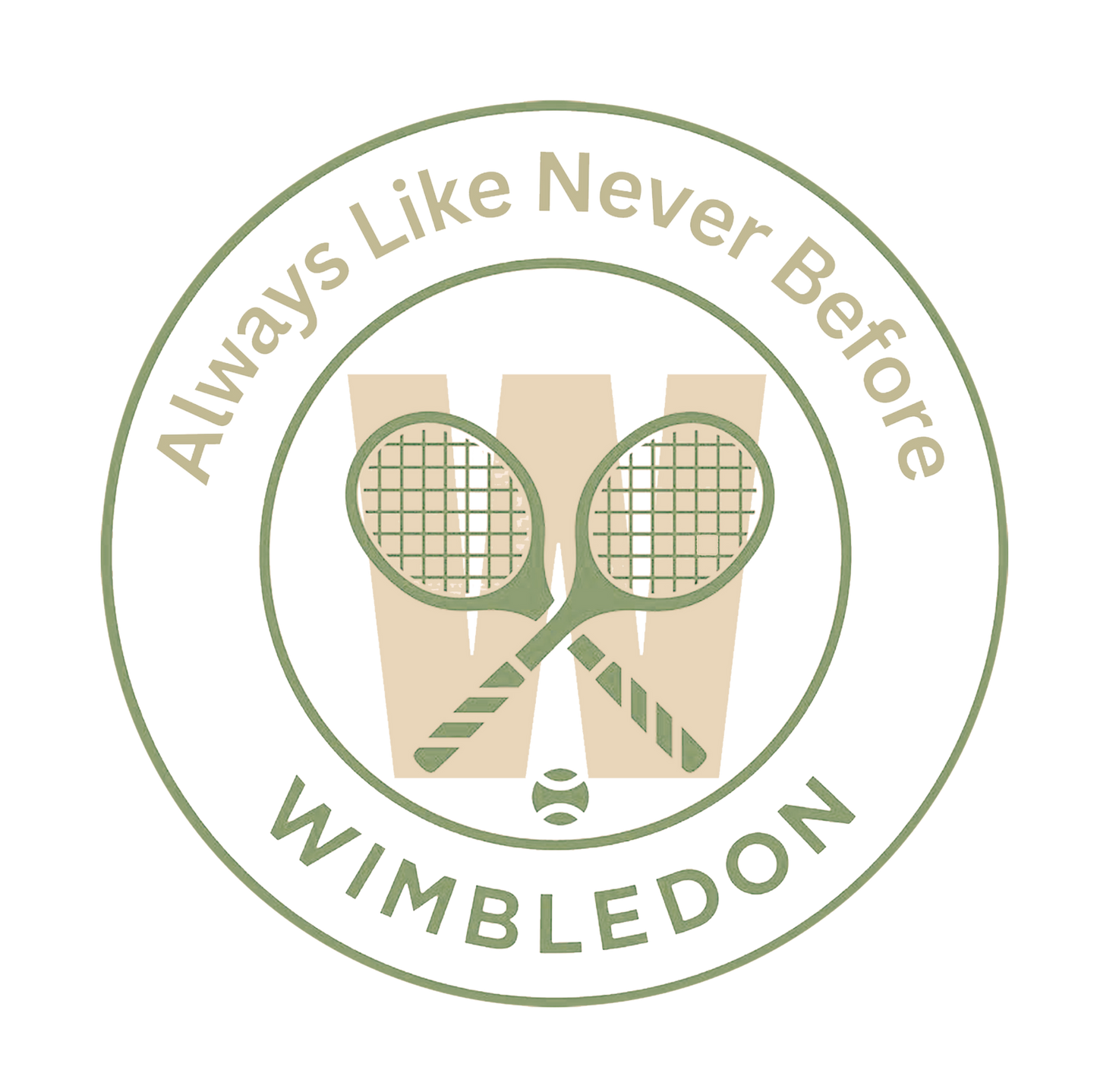 Logo with crossed tennis rackets, a ball, and text 'Always Like Never Before Wimbledon' on a white background.