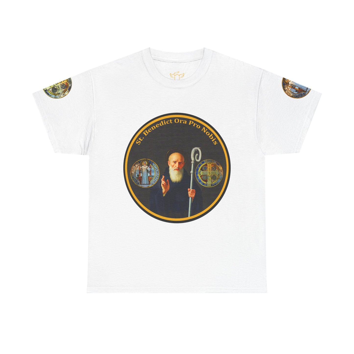 Saint Benedict Medal Unisex T-shirt, White t-shirt with a circular design featuring a religious figure and text on a white background