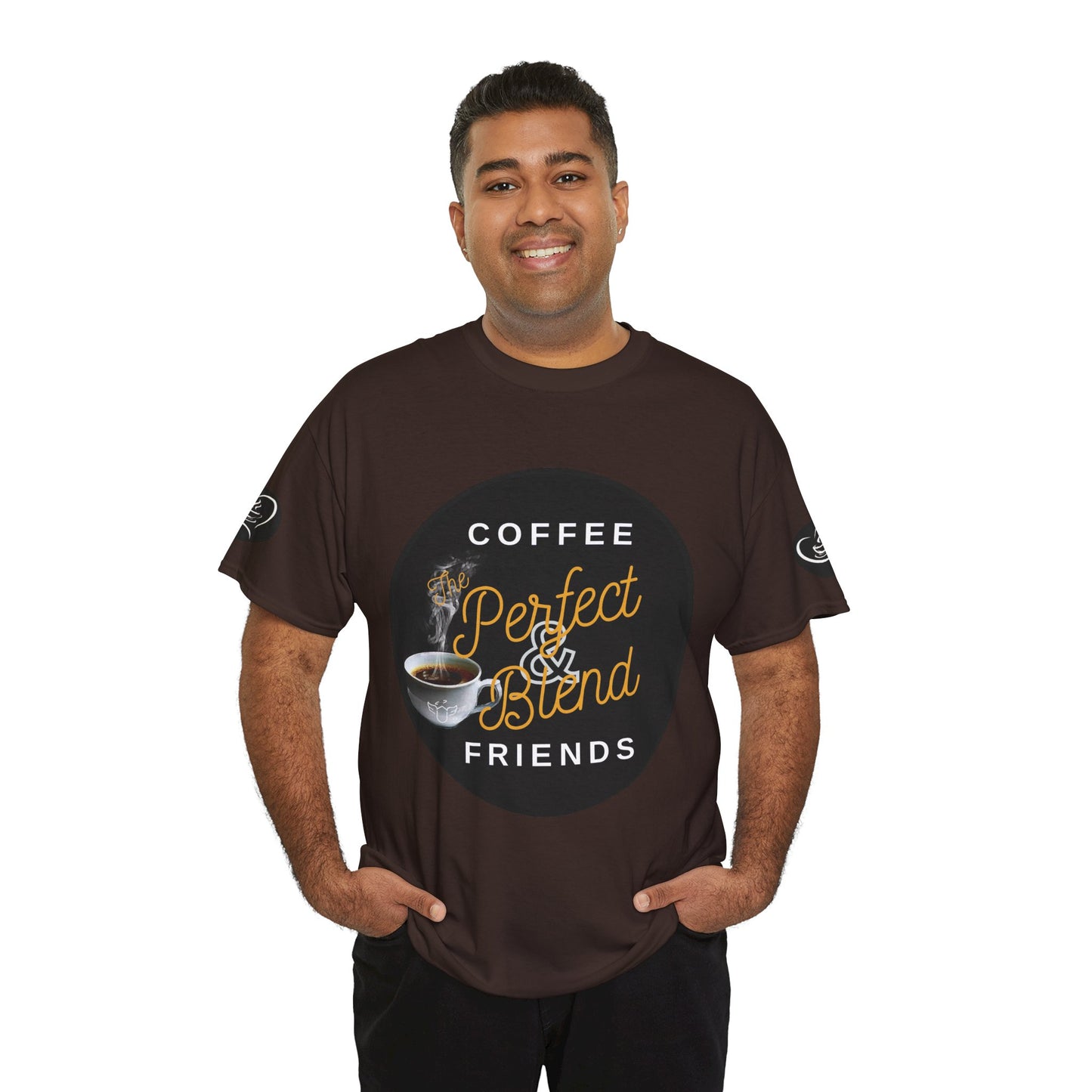 Coffee Lovers Cotton T-shirt, Man wearing a brown t-shirt with coffee-themed design on a white background