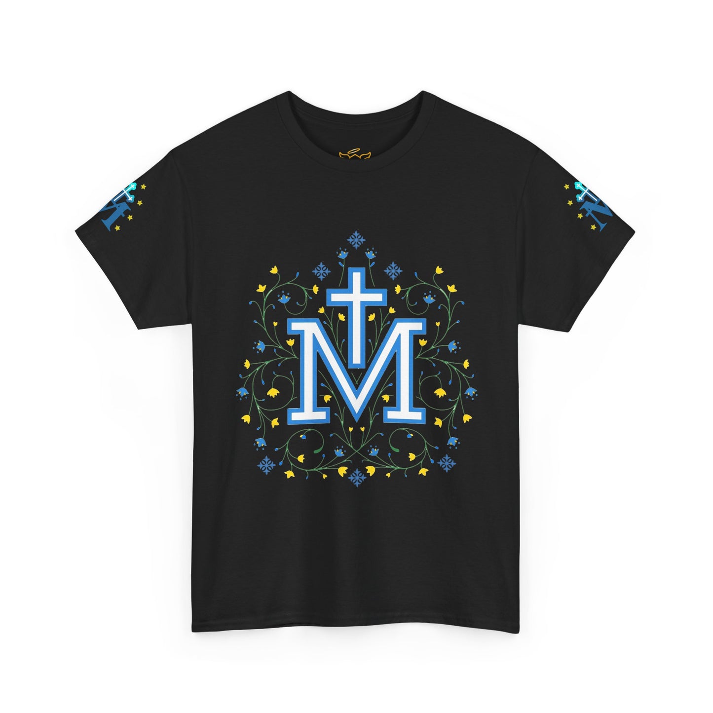 Marian Symbol T-shirt Unisex Heavy Cotton Tee, Black t-shirt with blue and yellow design featuring a cross and letter 'Marian symbol'
