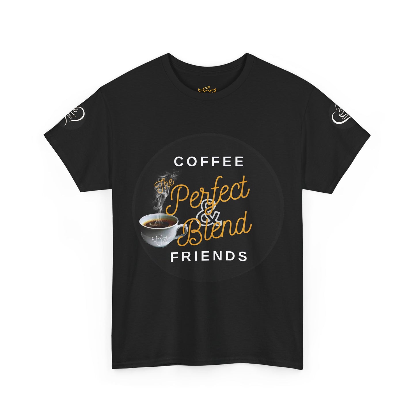 Coffee Lovers Cotton T-shirt, Black t-shirt with coffee-themed design on a white background