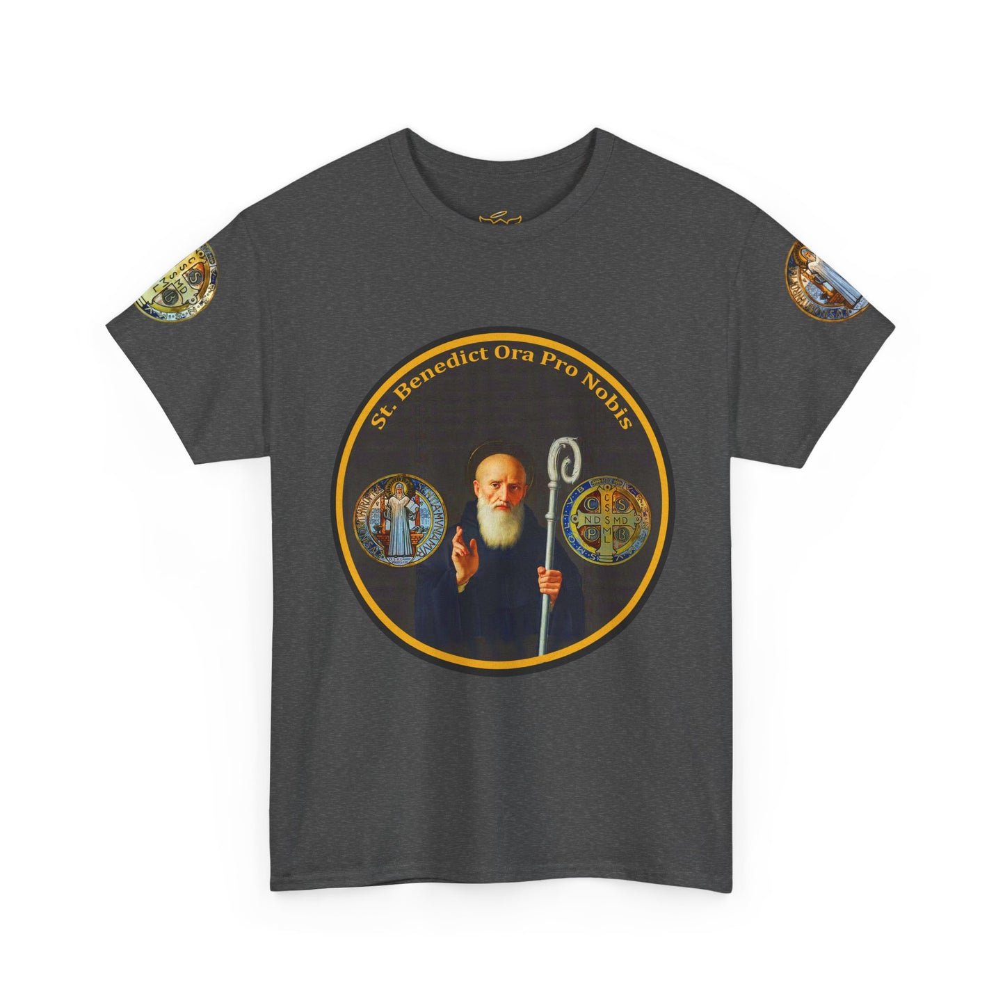 Saint Benedict Medal Unisex T-shirt, Gray t-shirt with a graphic of a religious figure and text on a white background