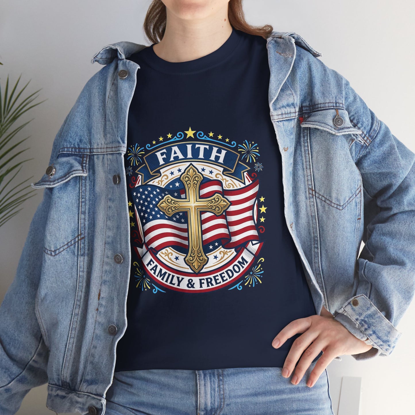 Faith, Family & Freedom T-Shirt — American Flag Cross Patriotic Tee (USA 250th)