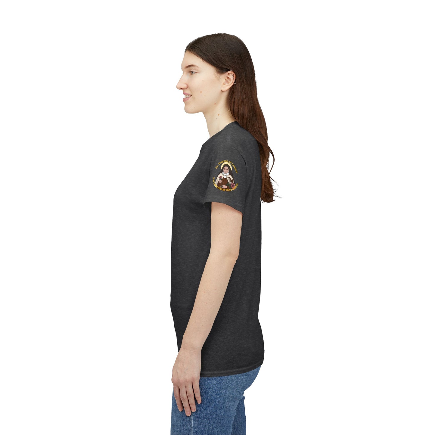 Woman wearing a black t-shirt with a graphic design on a white background