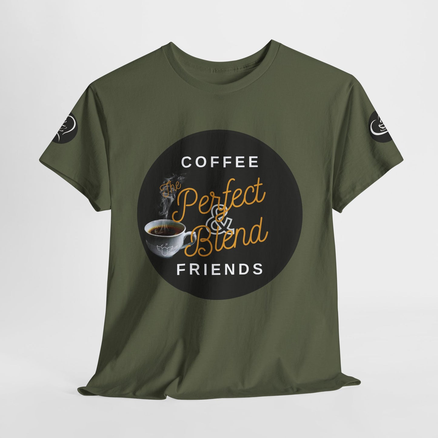 Coffee Lovers Cotton T-shirt, Green t-shirt with coffee-themed graphic and text on a white background