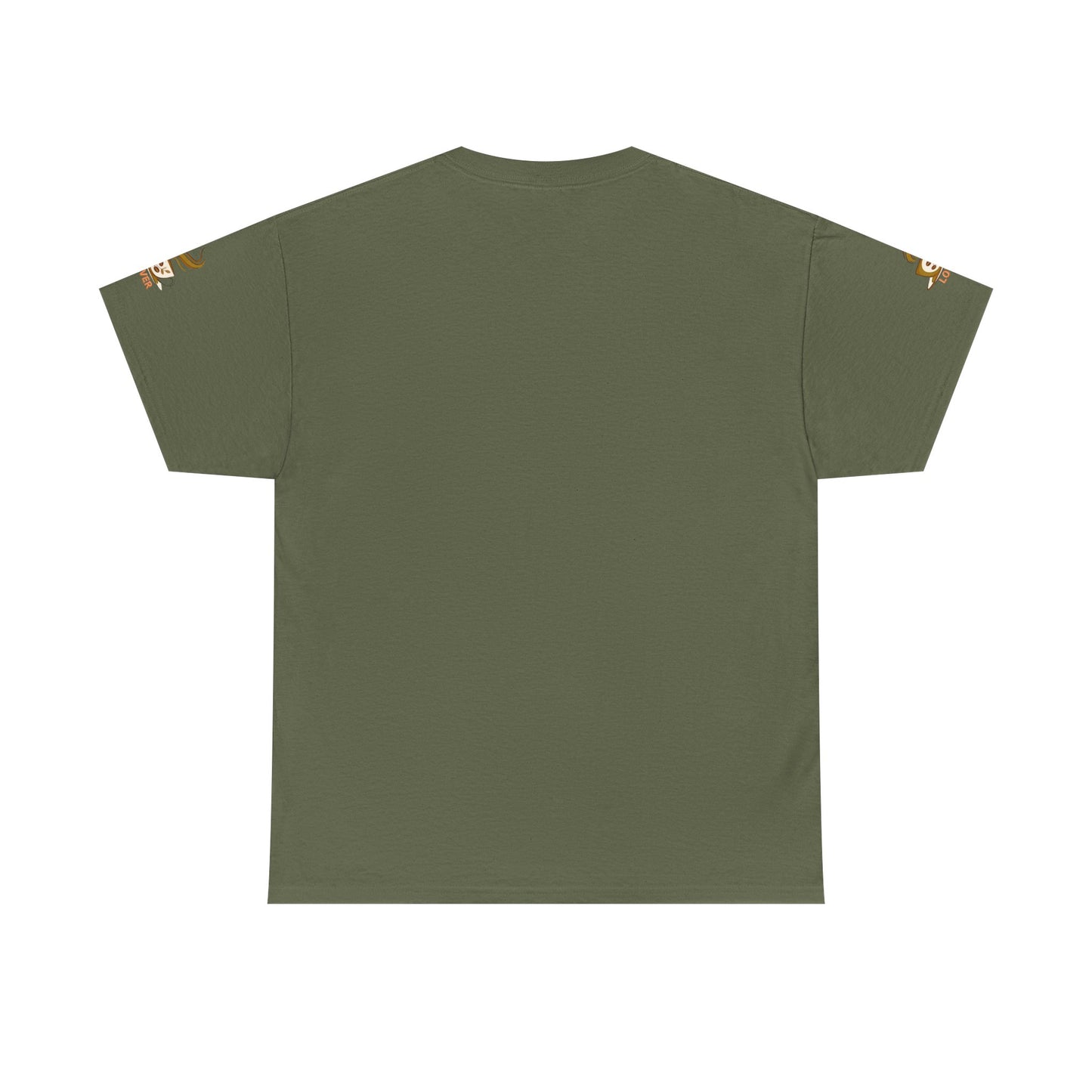 Green t-shirt with brand logos on sleeves against a white background