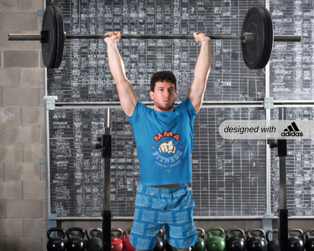 Adidas Sport T-shirt for MMA Fitness Enthusiasts, Adidas MMA T-shirt, Person lifting a barbell in a gym setting with Adidas branding.