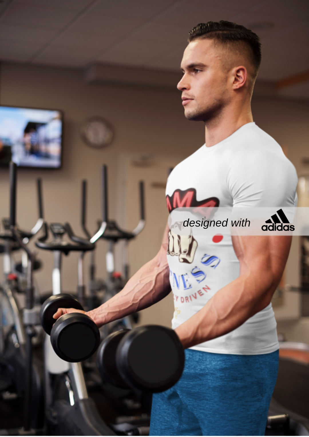 Adidas Sport T-shirt for MMA Fitness Enthusiasts, Adidas MMA T-shirt, Man lifting weights in a gym wearing an Adidas t-shirt