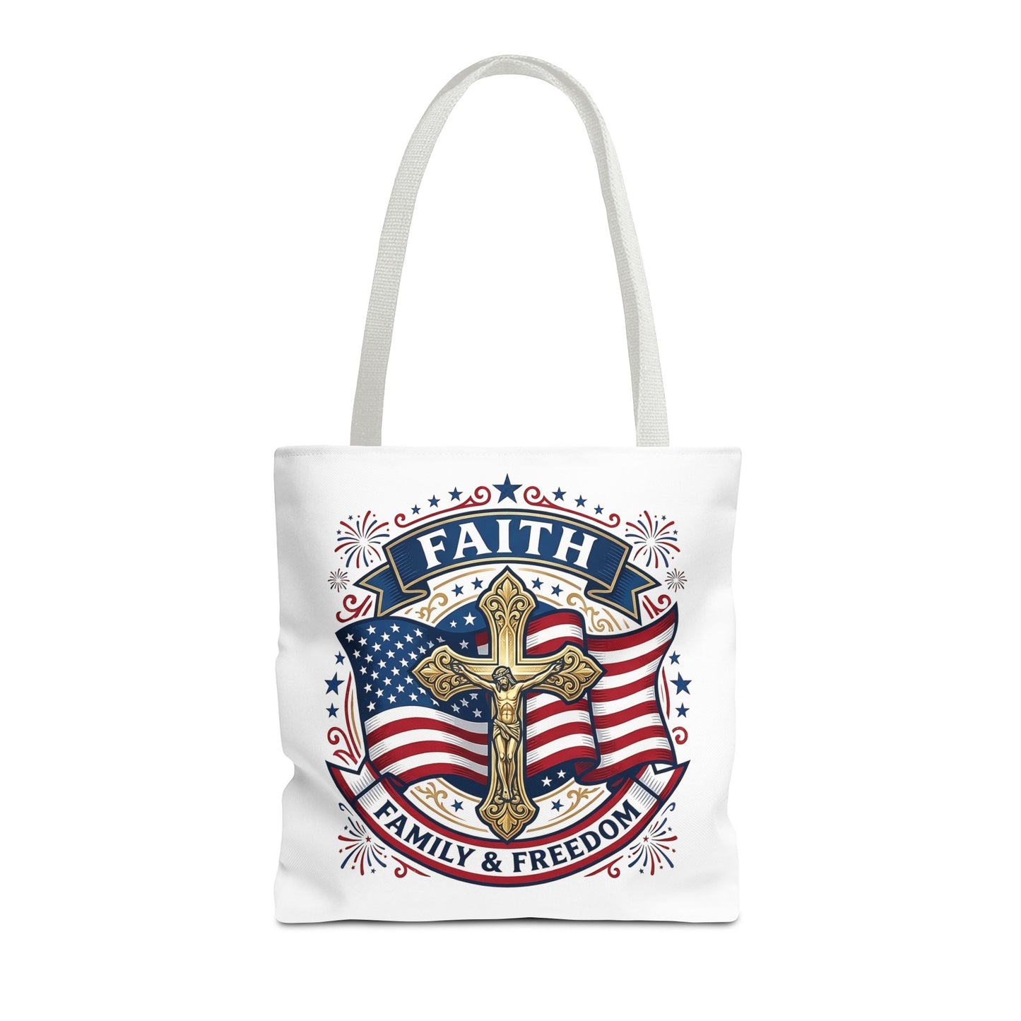 Faith, Family & Freedom Tote Bag — Patriotic Cross American Flag Tote (USA 250th)