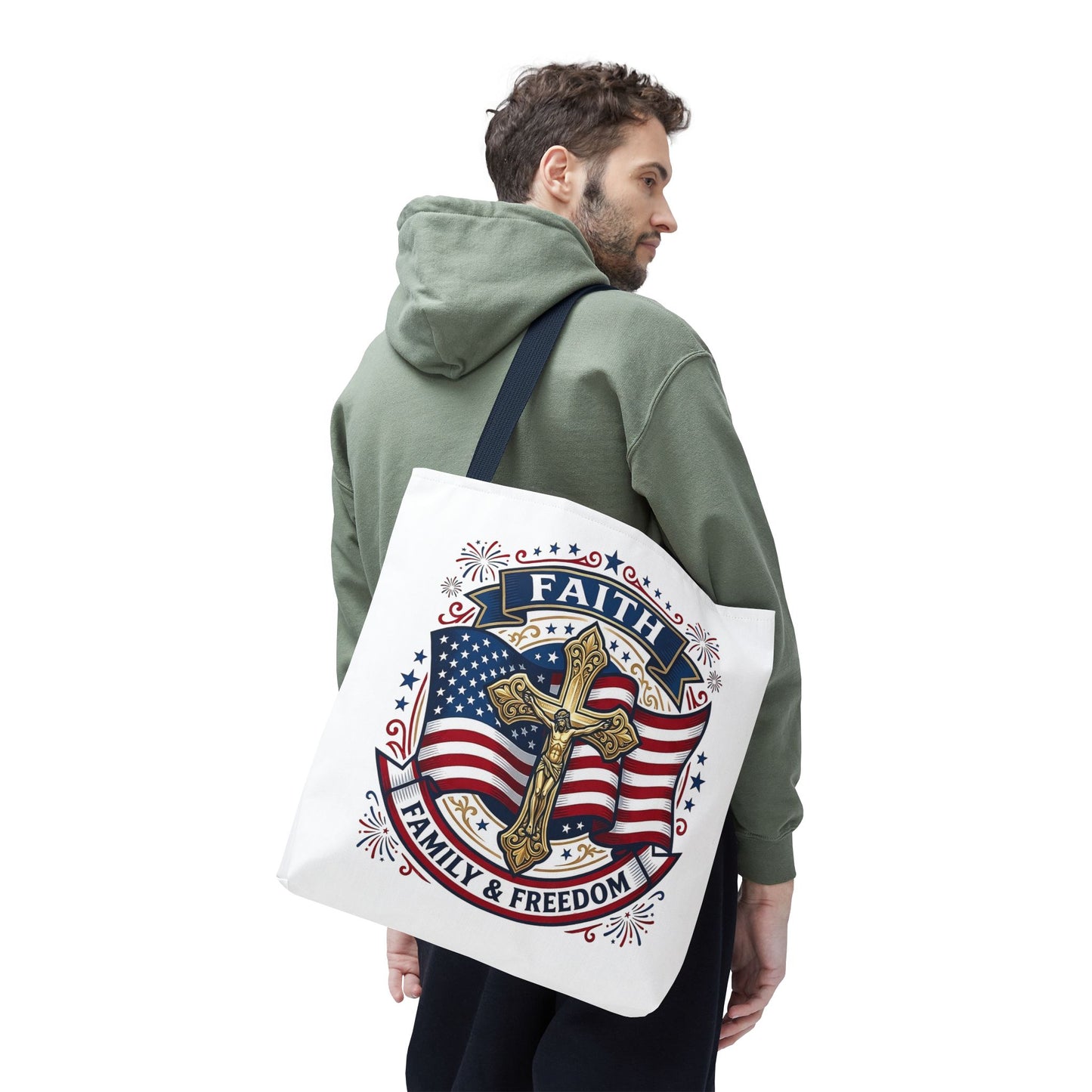 Faith, Family & Freedom Tote Bag — Patriotic Cross American Flag Tote (USA 250th)
