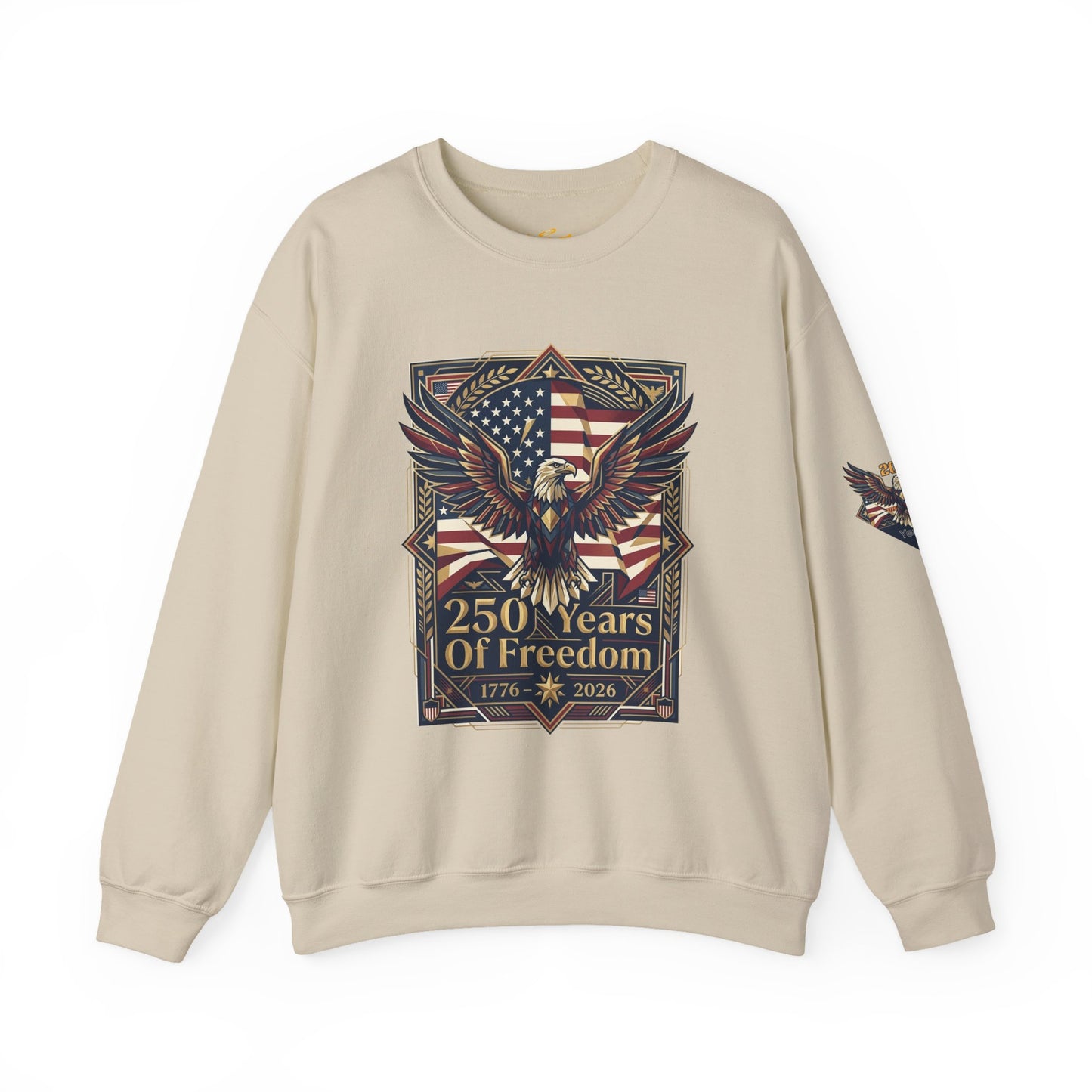 USA 250th ANNIVERSARY Crewneck Sweatshirt , Beige sweatshirt with eagle and American flag design on a white background