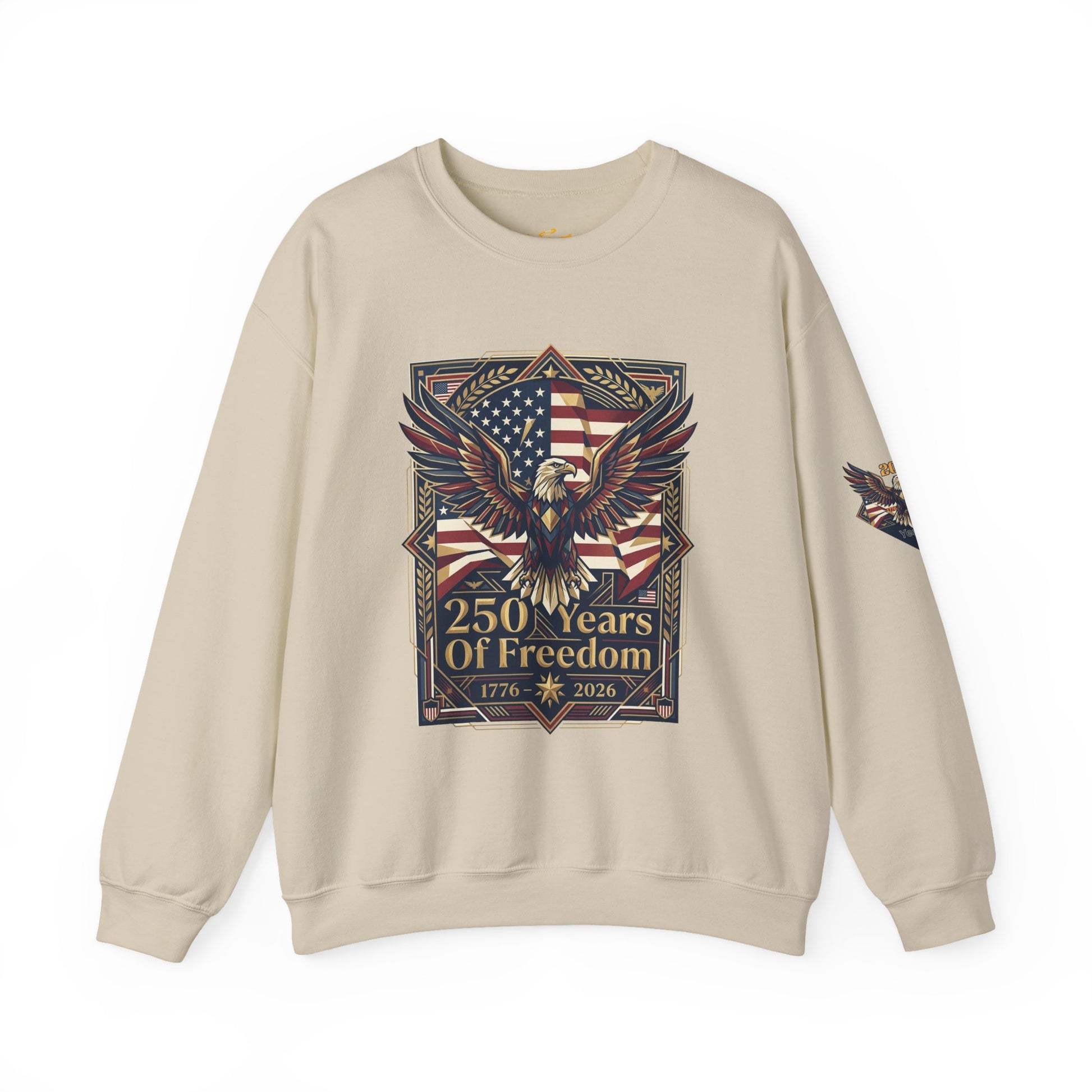 USA 250th ANNIVERSARY Crewneck Sweatshirt , Beige sweatshirt with eagle and American flag design on a white background