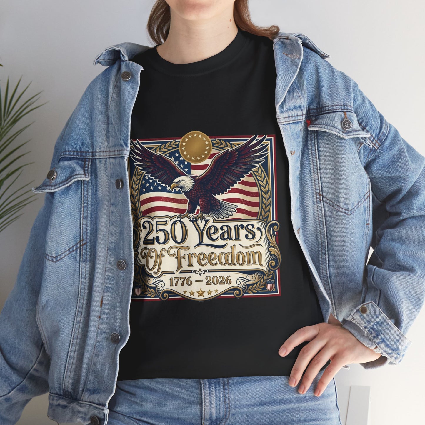 250 Years of Freedom T-Shirt — USA 250TH Anniversary Patriotic Eagle Tee, Person wearing a black t-shirt with an eagle and American flag design, standing against a neutral background.