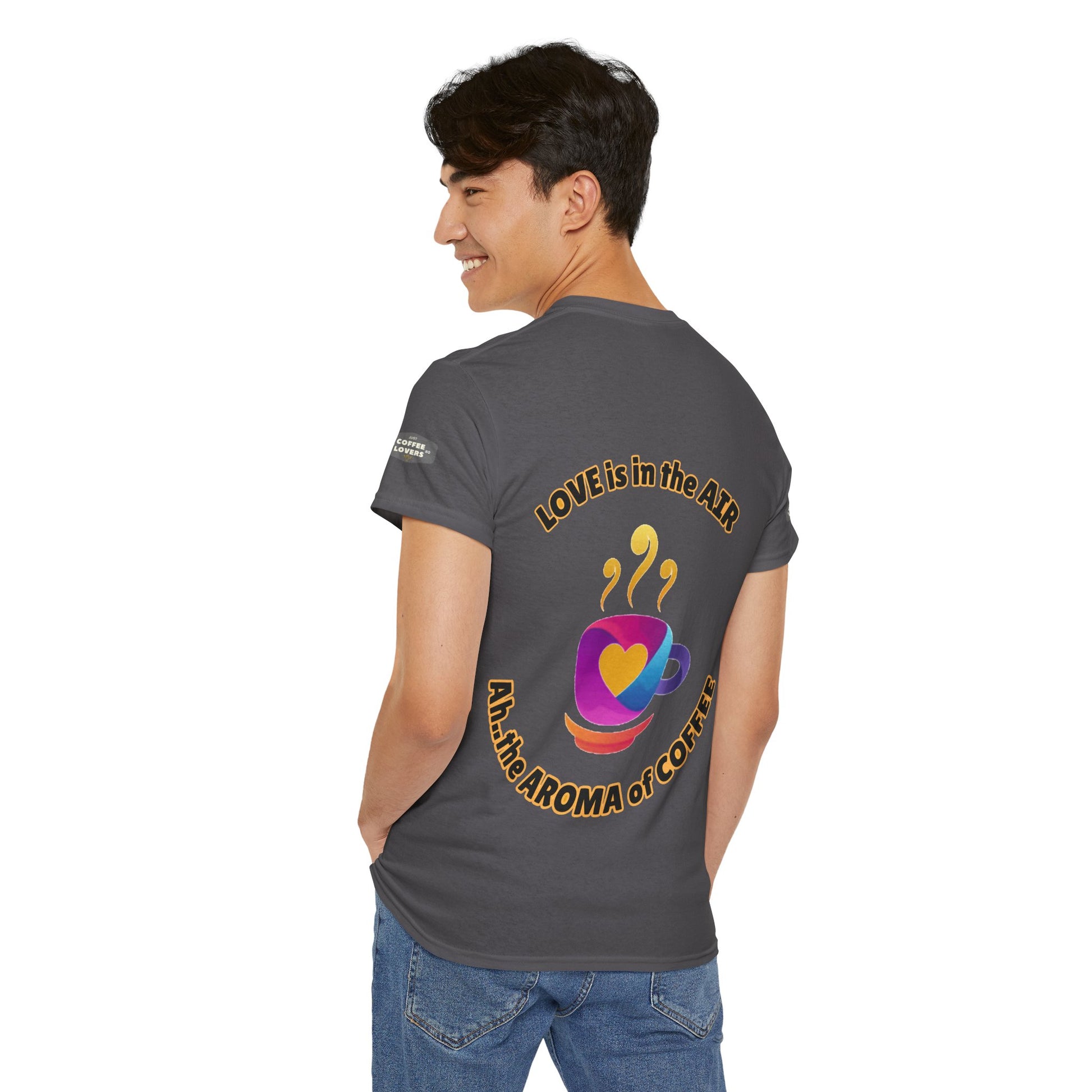 Coffee Lovers Tee with Quote - 'Love is in the Air Ah.. the Aroma of Coffee',  Person wearing a gray t-shirt with a colorful design and text on the back, standing against a white background.