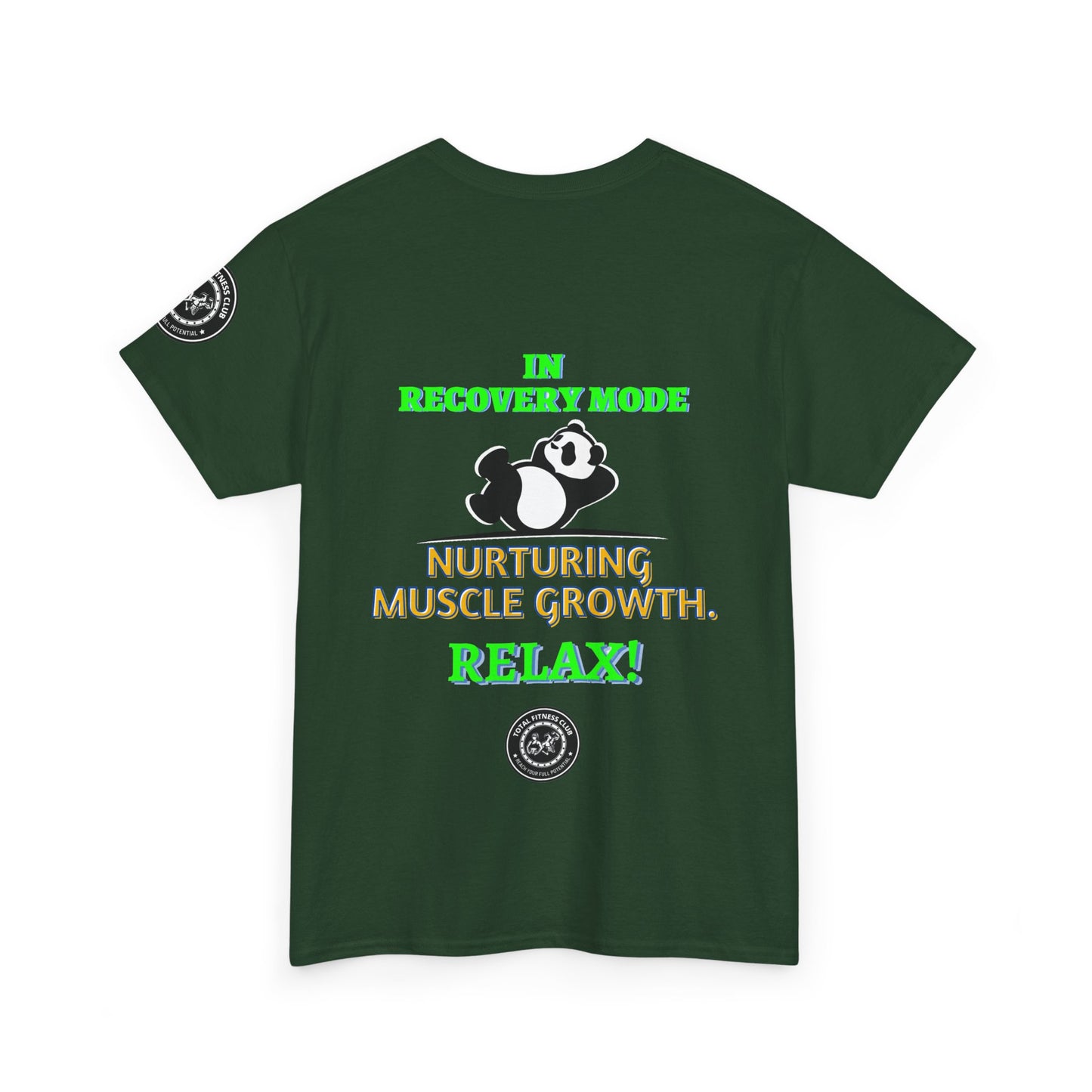 Fitness Funny Quotes T-shirt - Relax for Muscle Growth. Green t-shirt with humorous text and panda graphic on a white background