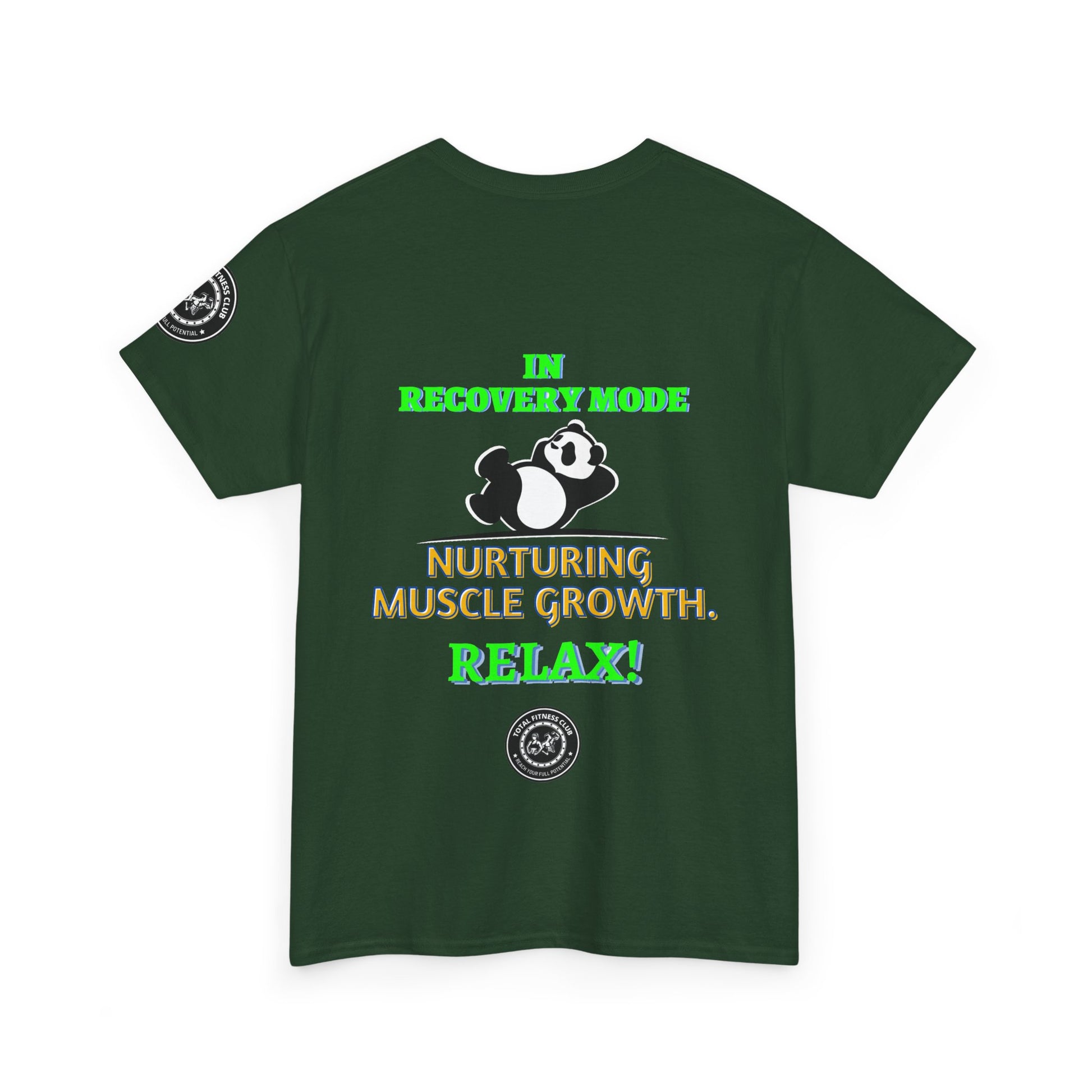 Fitness Funny Quotes T-shirt - Relax for Muscle Growth. Green t-shirt with humorous text and panda graphic on a white background