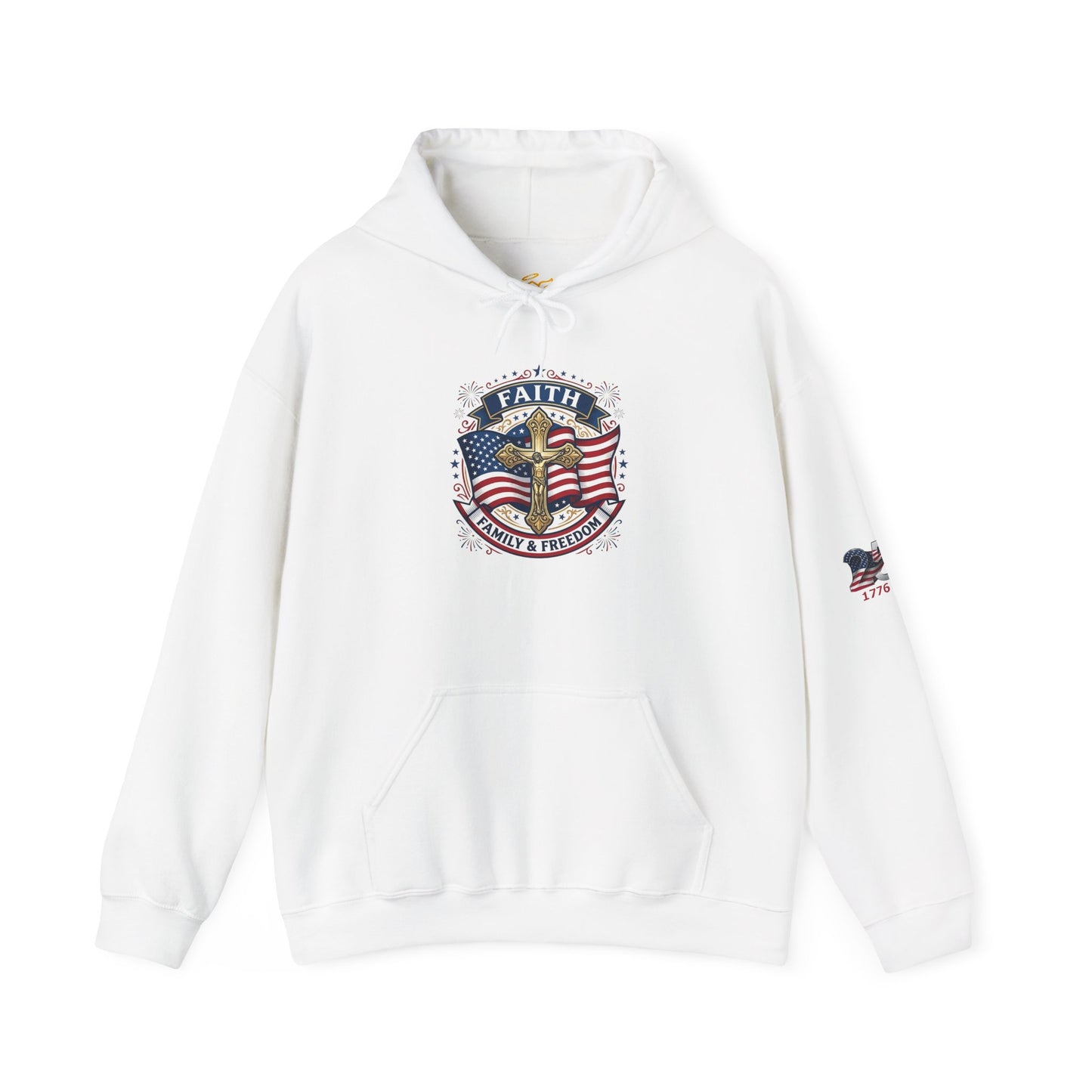 Catholic Faith, Family & Freedom Hoodie - Patriotic American Flag Cross Pullover (USA 250th)