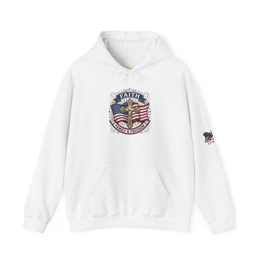 Catholic Faith, Family & Freedom Hoodie - Patriotic American Flag Cross Pullover (USA 250th) - Trending Novelties & Gifts