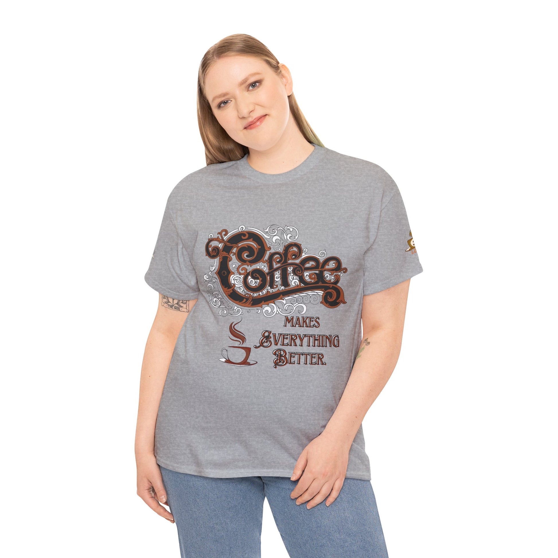 COFFEE LOVERS Cotton Tee - Coffee Makes Everything Better, Woman wearing a gray t-shirt with a coffee-themed design on a white background