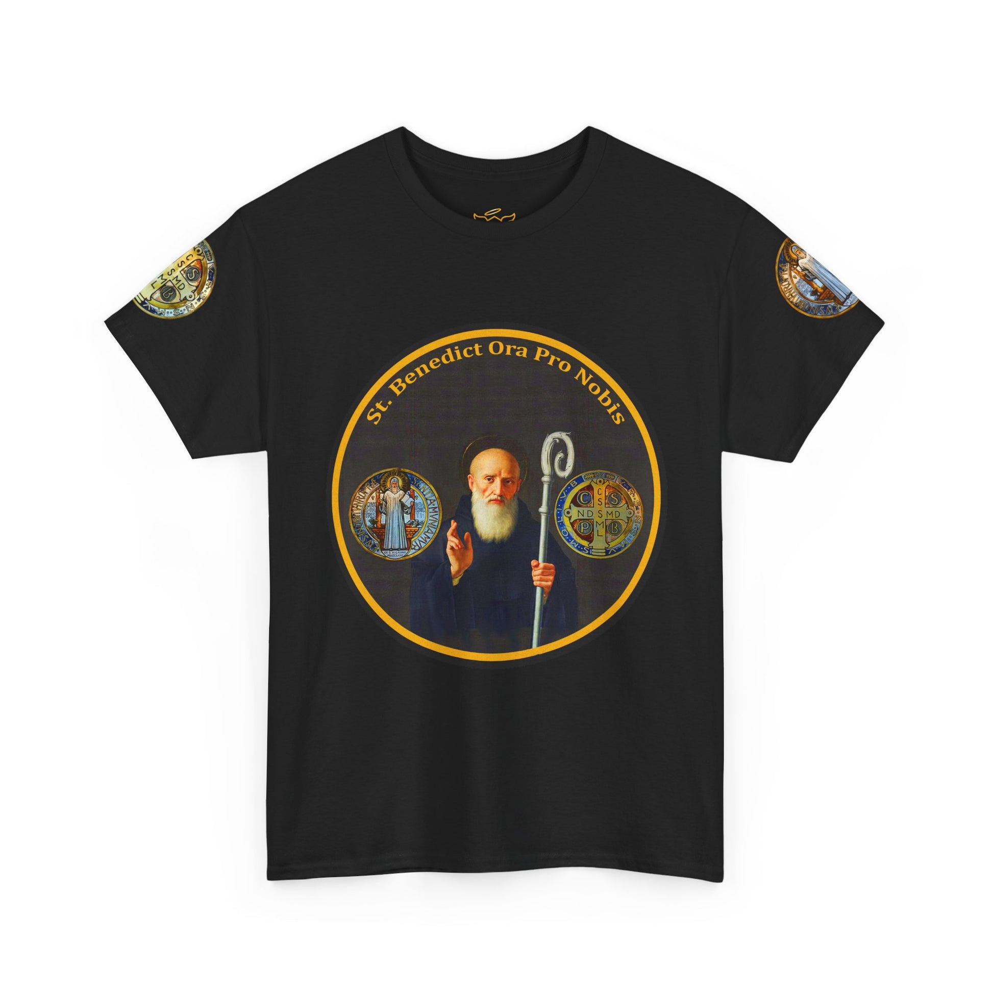 Saint Benedict Medal Unisex T-shirt, Black t-shirt with a graphic of a religious figure and text on a white background