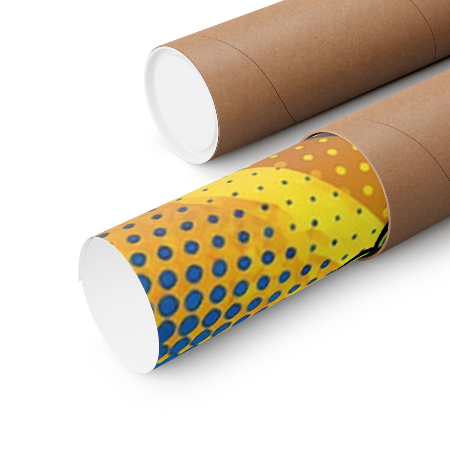 Two cardboard tubes, one plain brown and one with a colorful polka dot pattern.