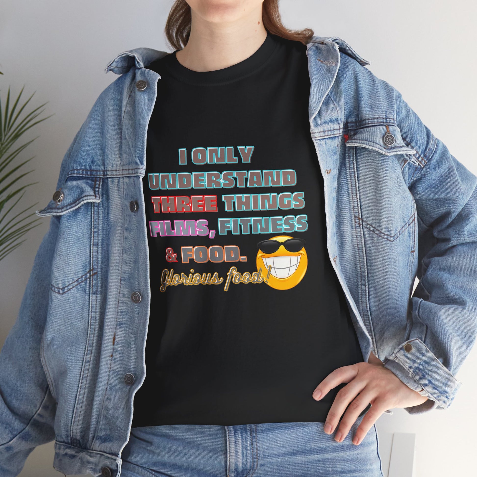 Funny Fitness Quotes Cotton T-shirt, Person wearing a black t-shirt with text and a smiley face, paired with a denim jacket.