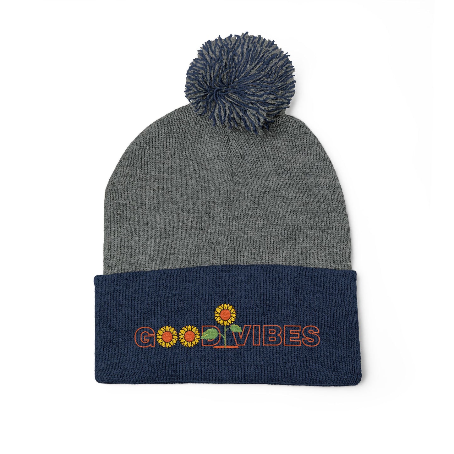 Summer Pom-Pom Beanie — "Good Vibes" Embroidered Sunflower Knit Hat - Trending Novelties & Gifts