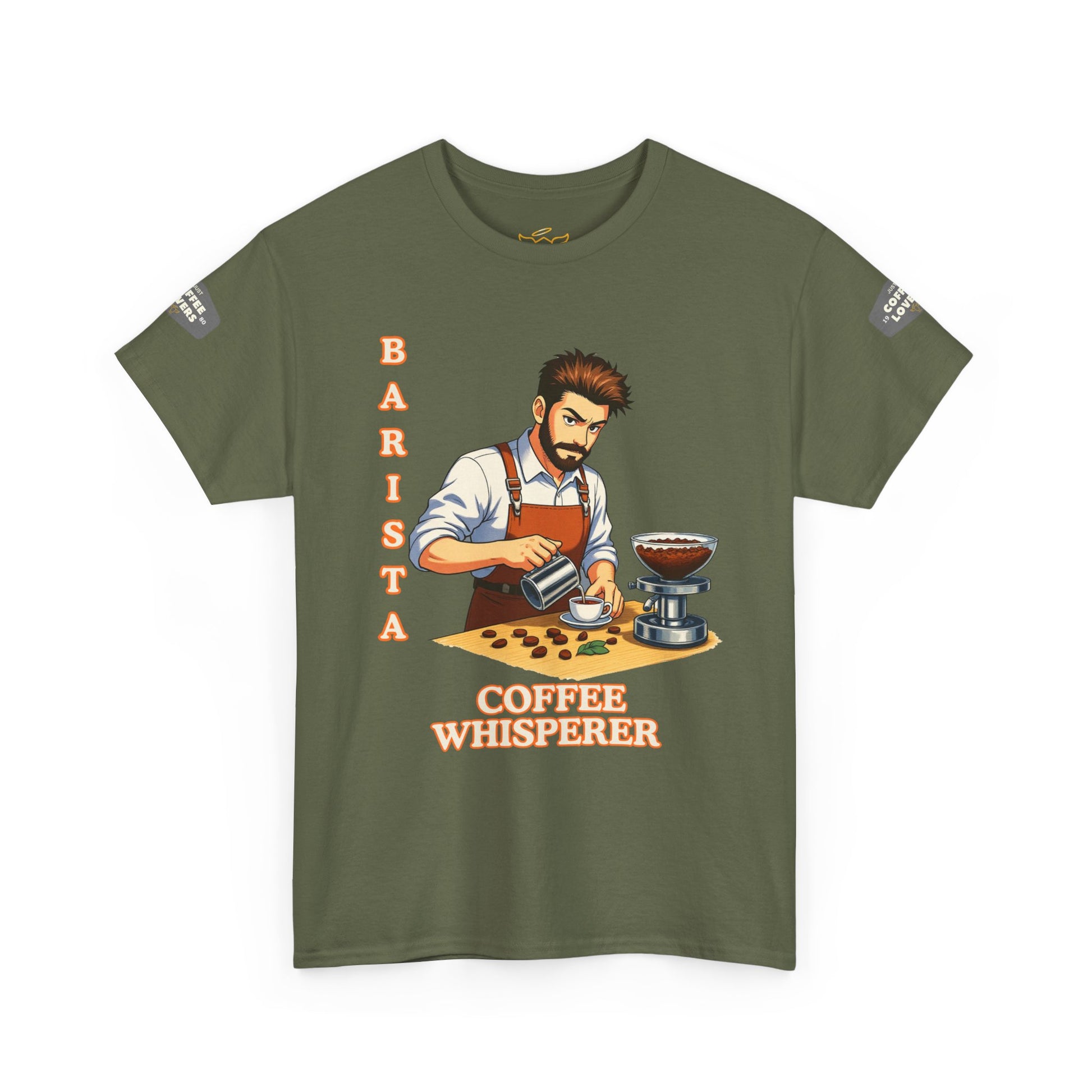 Coffee Lovers Cotton Tee for Male Barista,  Green t-shirt with a barista graphic and text on a white background