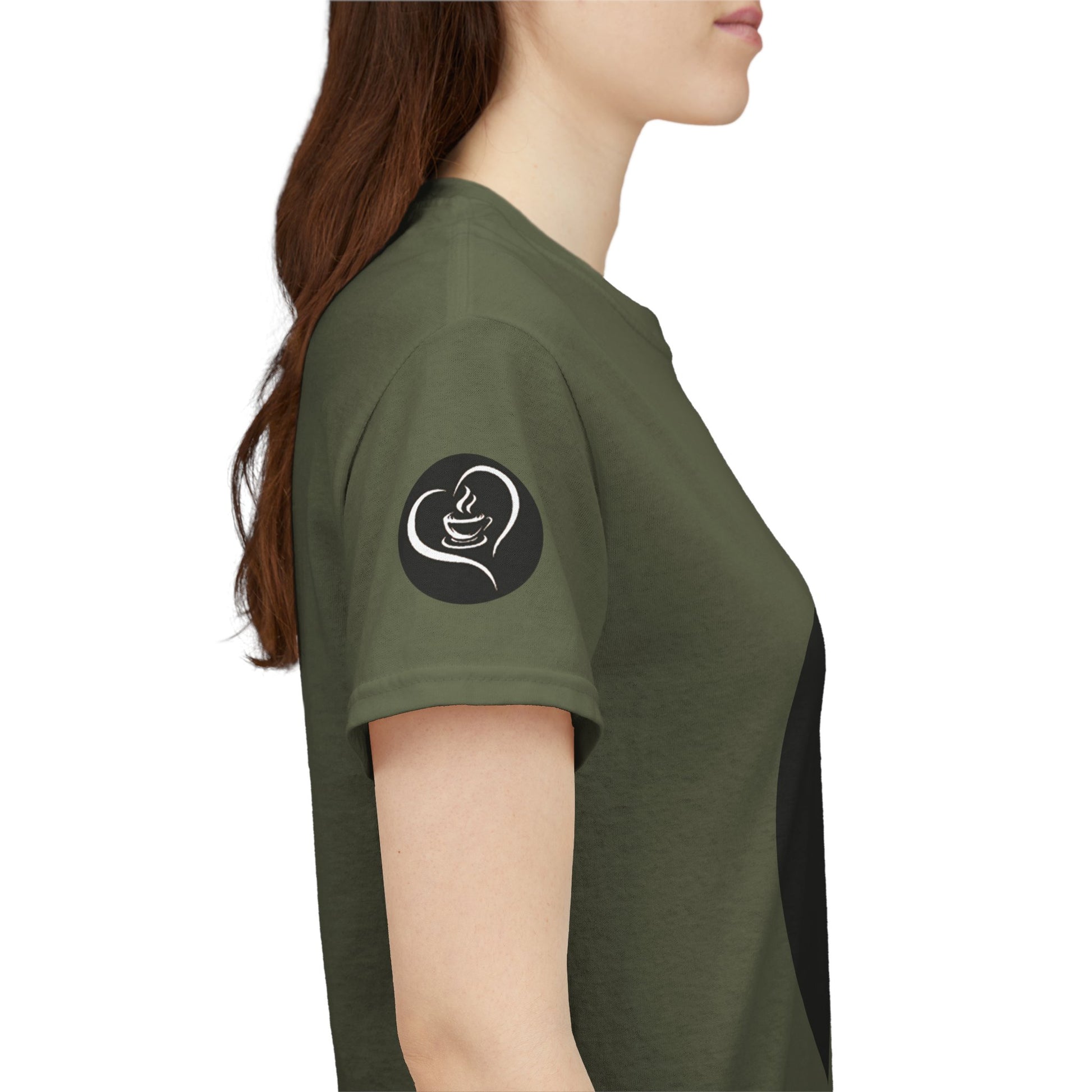 Coffee Lovers Ladies Tee - COFFEE and FRIENDS the Perfect Blend, Person wearing a green t-shirt with a logo on the sleeve against a white background