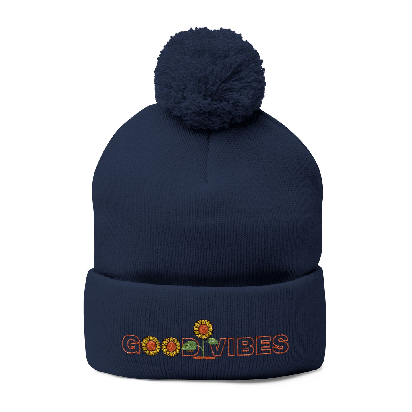 Summer Pom-Pom Beanie — "Good Vibes" Embroidered Sunflower Knit Hat - Trending Novelties & Gifts