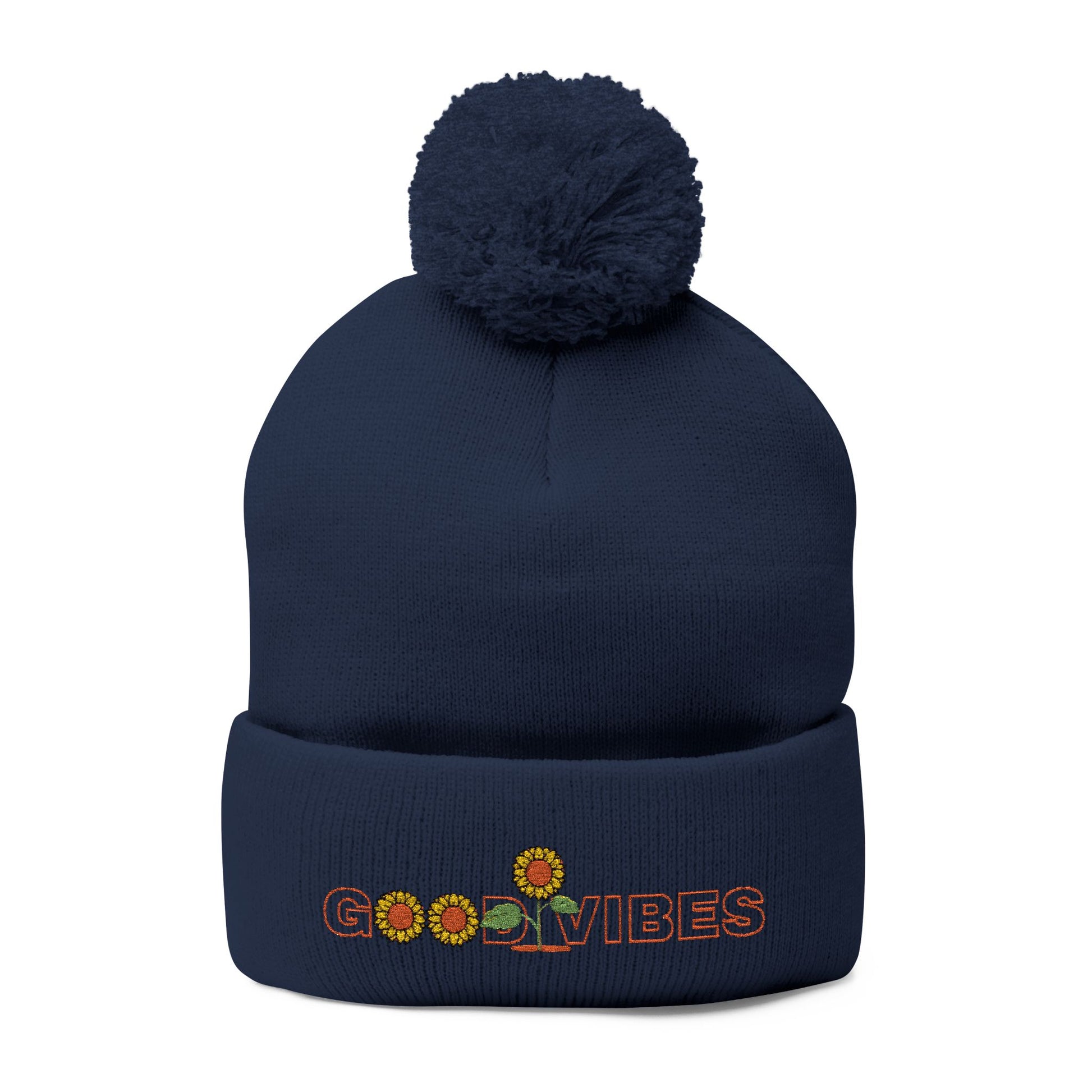 Summer Pom-Pom Beanie — "Good Vibes" Embroidered Sunflower Knit Hat - Trending Novelties & Gifts