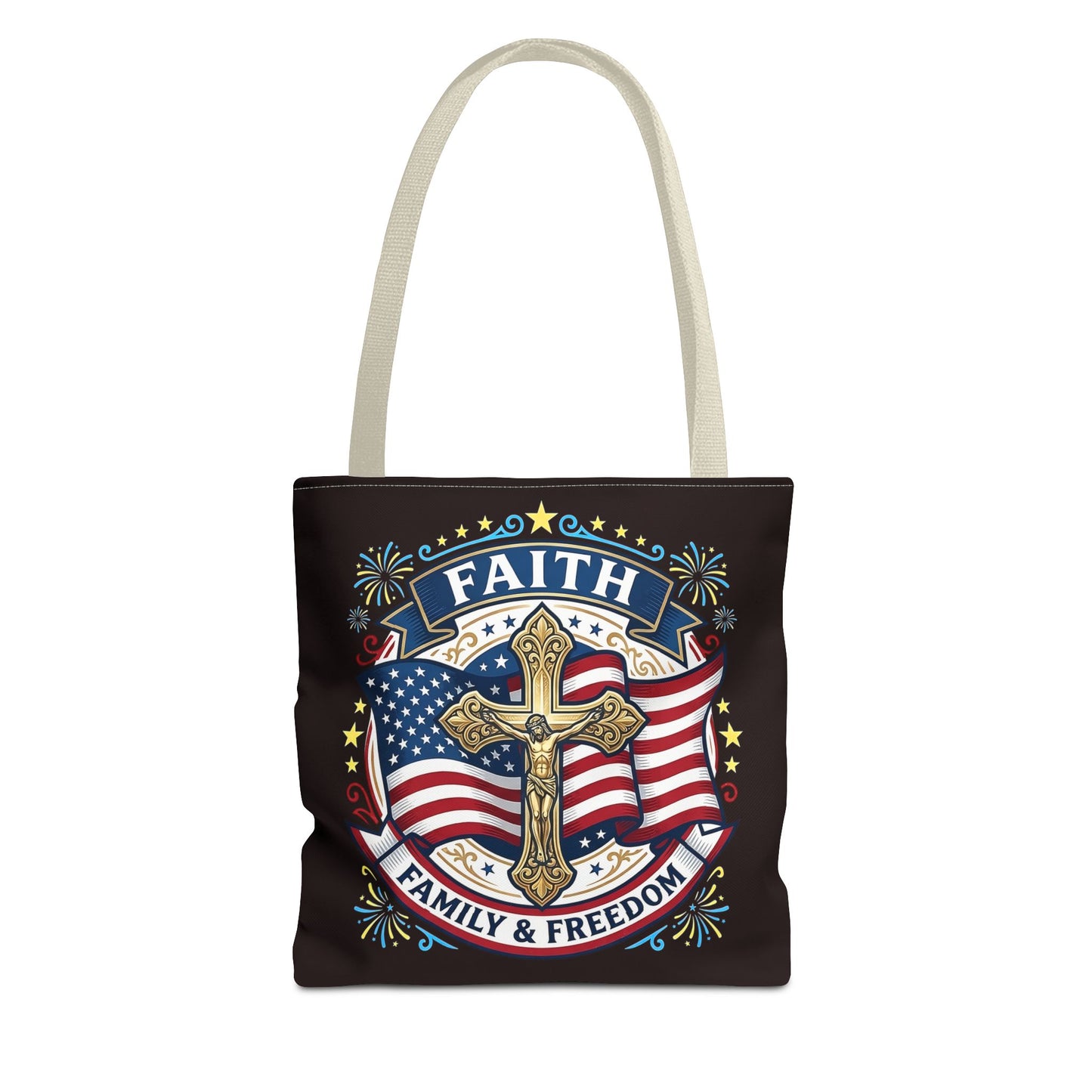 Faith, Family & Freedom Cross Bag — Patriotic American Flag Canvas Tote (USA 250th)